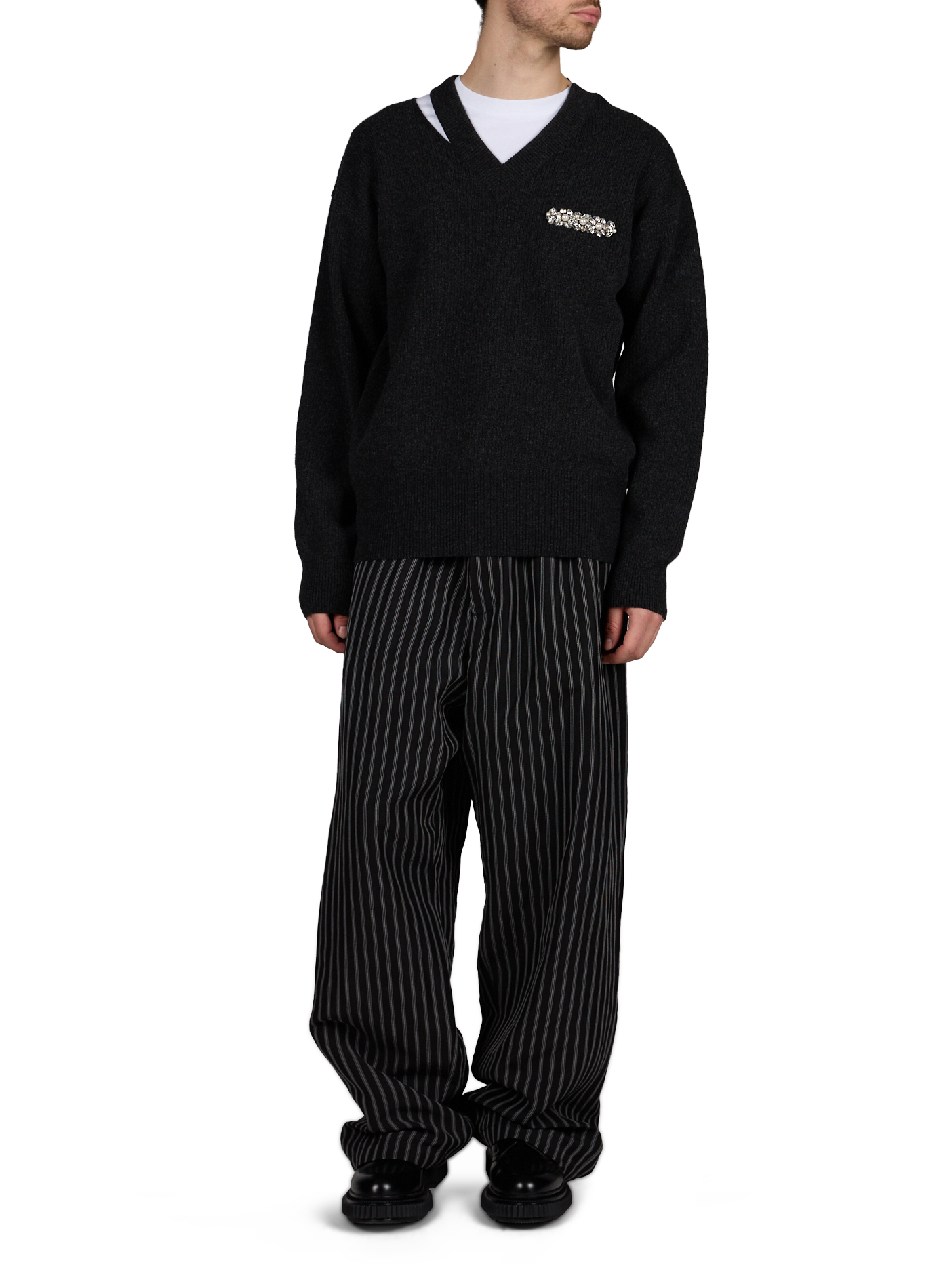 V-neck sweater with jewel on chest in blended wool SIMONE ROCHA Grey