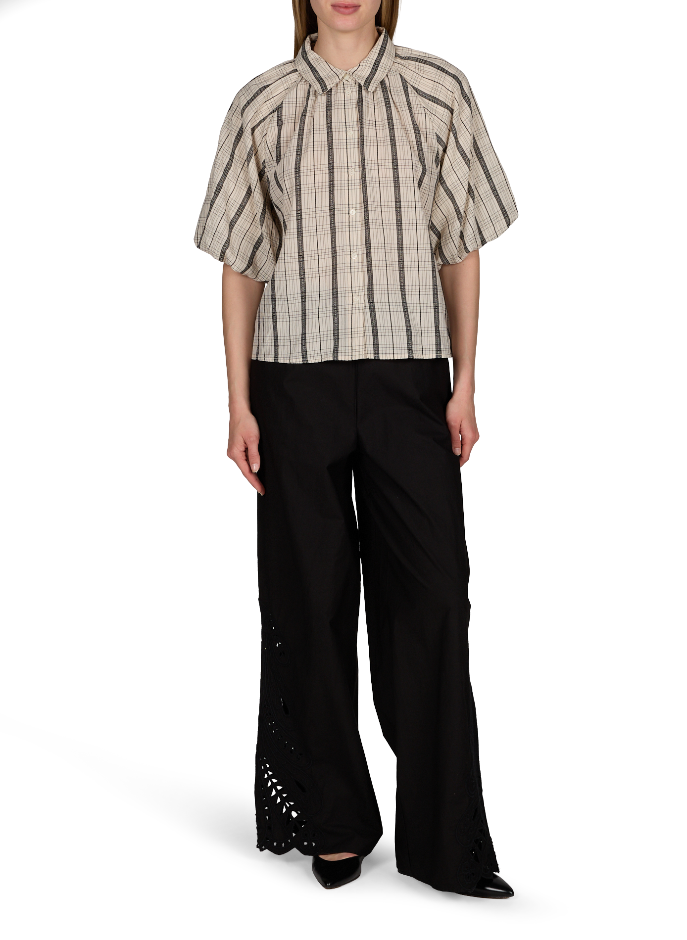 Short-sleeved checked shirt in blended cotton OBJECT Beige