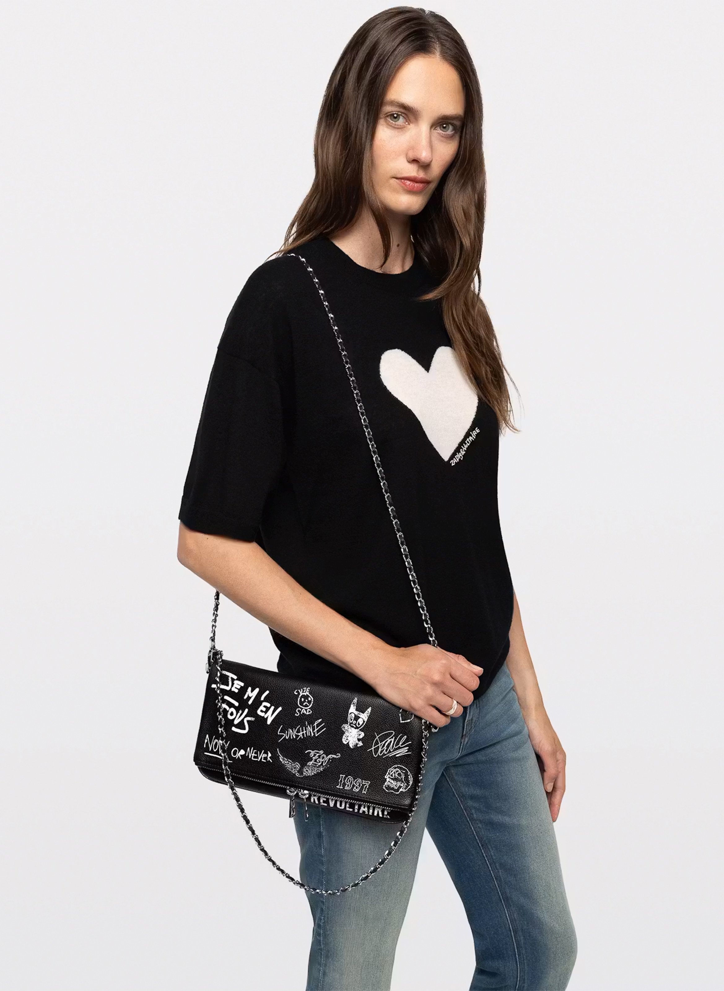 Riemtas van bedrukt leer in rockstijl. ZADIG&VOLTAIRE Zwart