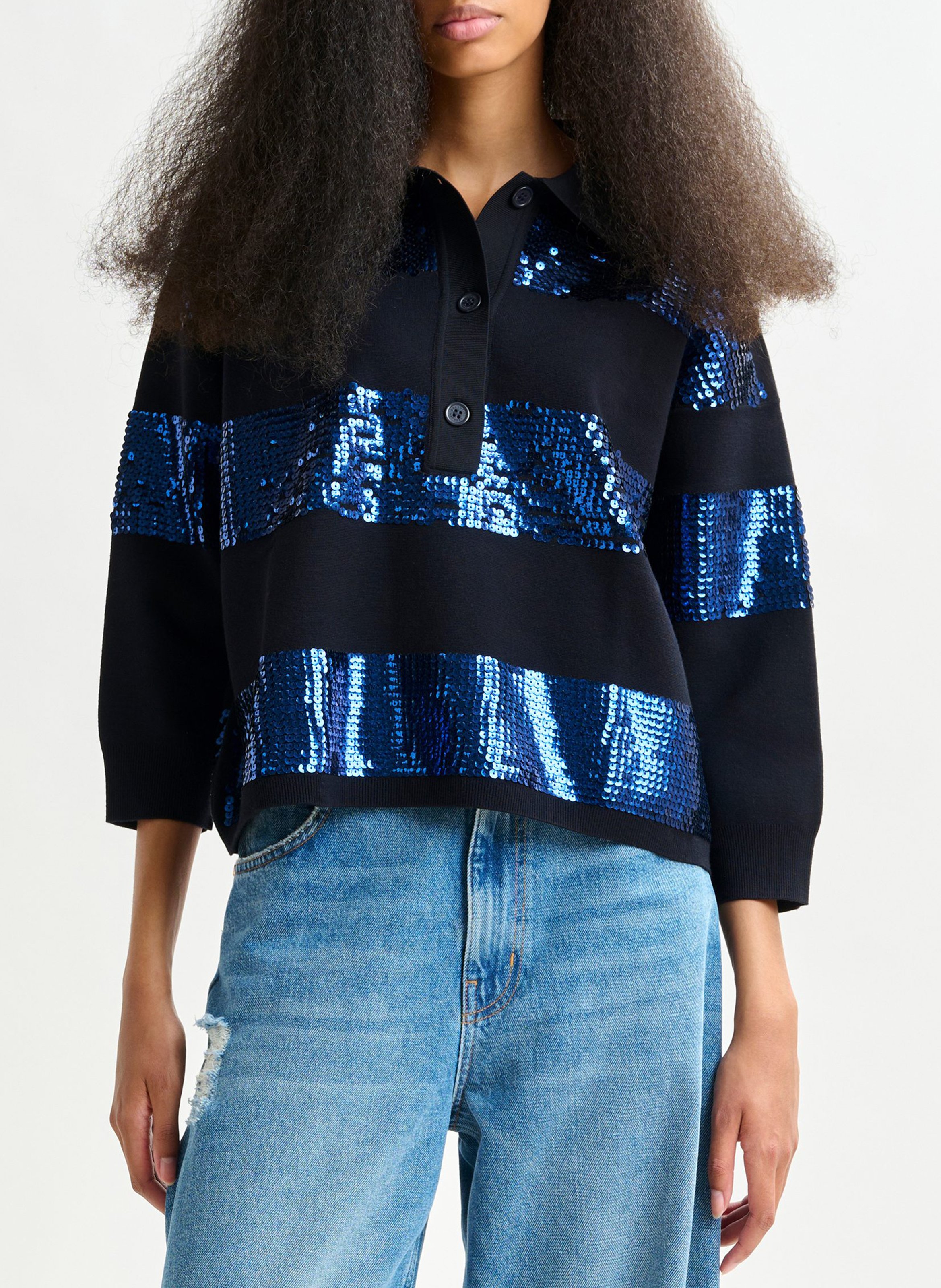 ESSENTIEL ANTWERP Polo ample à rayures sequins illuminati Bleu