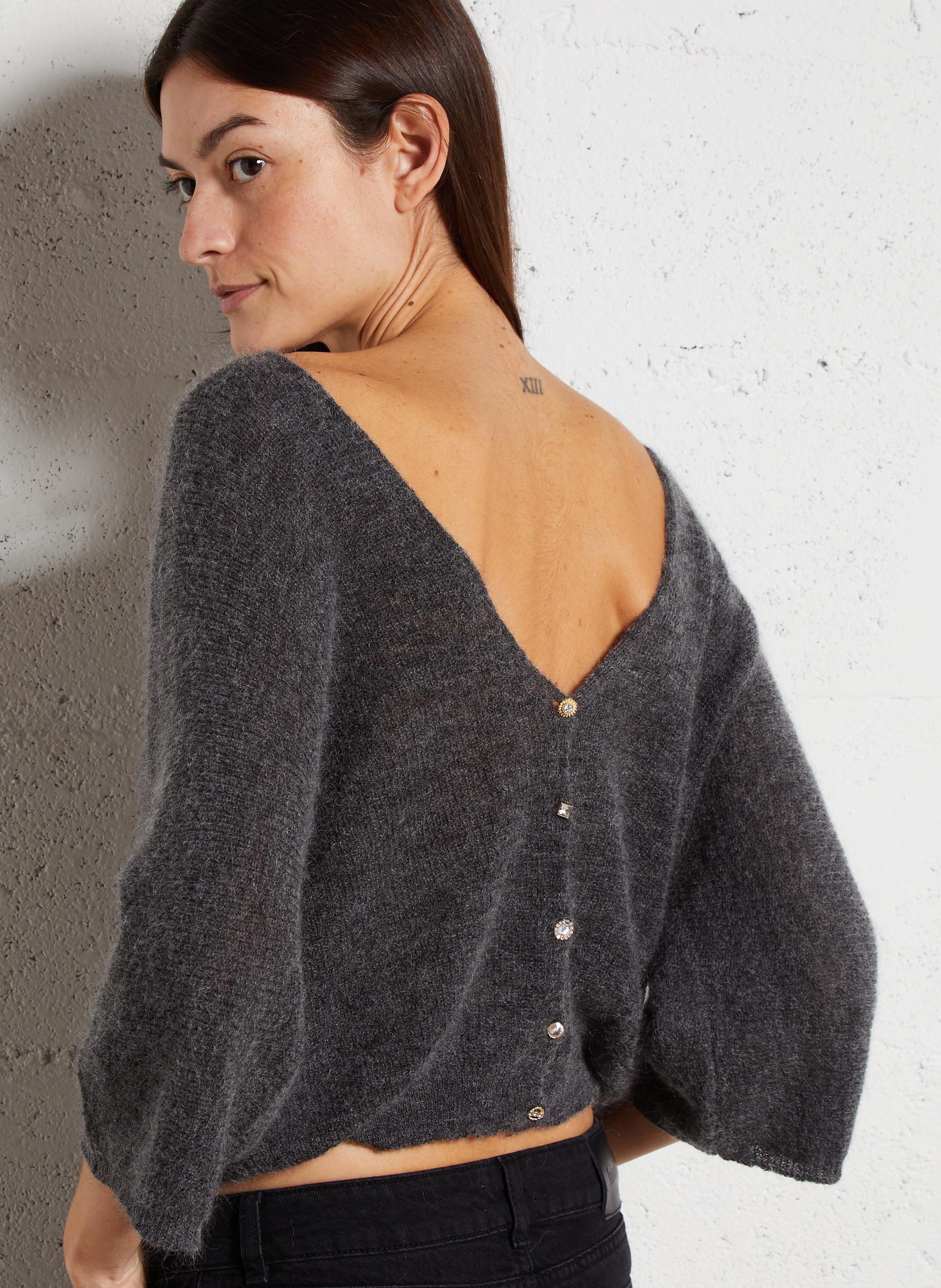 Cardigan col v à boutons bijoux en laine mélangée isaac BA&SH Gris