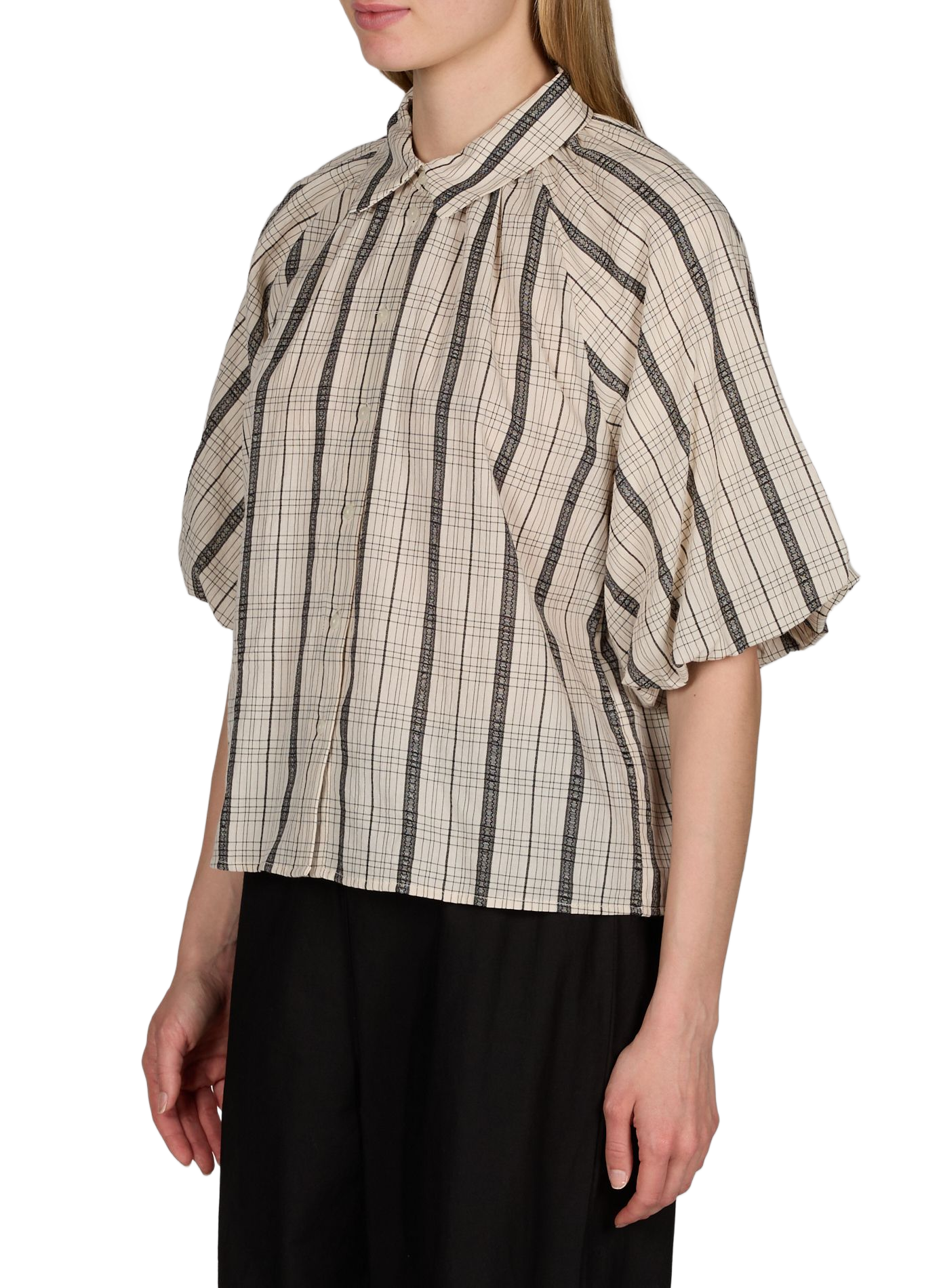 Short-sleeved checked shirt in blended cotton OBJECT Beige