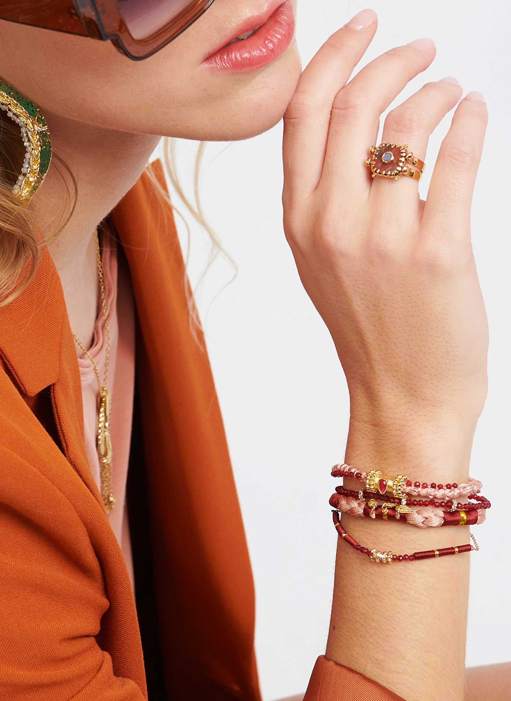 Manchette multiliens avec fermoir aimanté et perles semi-précieuses bosphore HIPANEMA Rouge