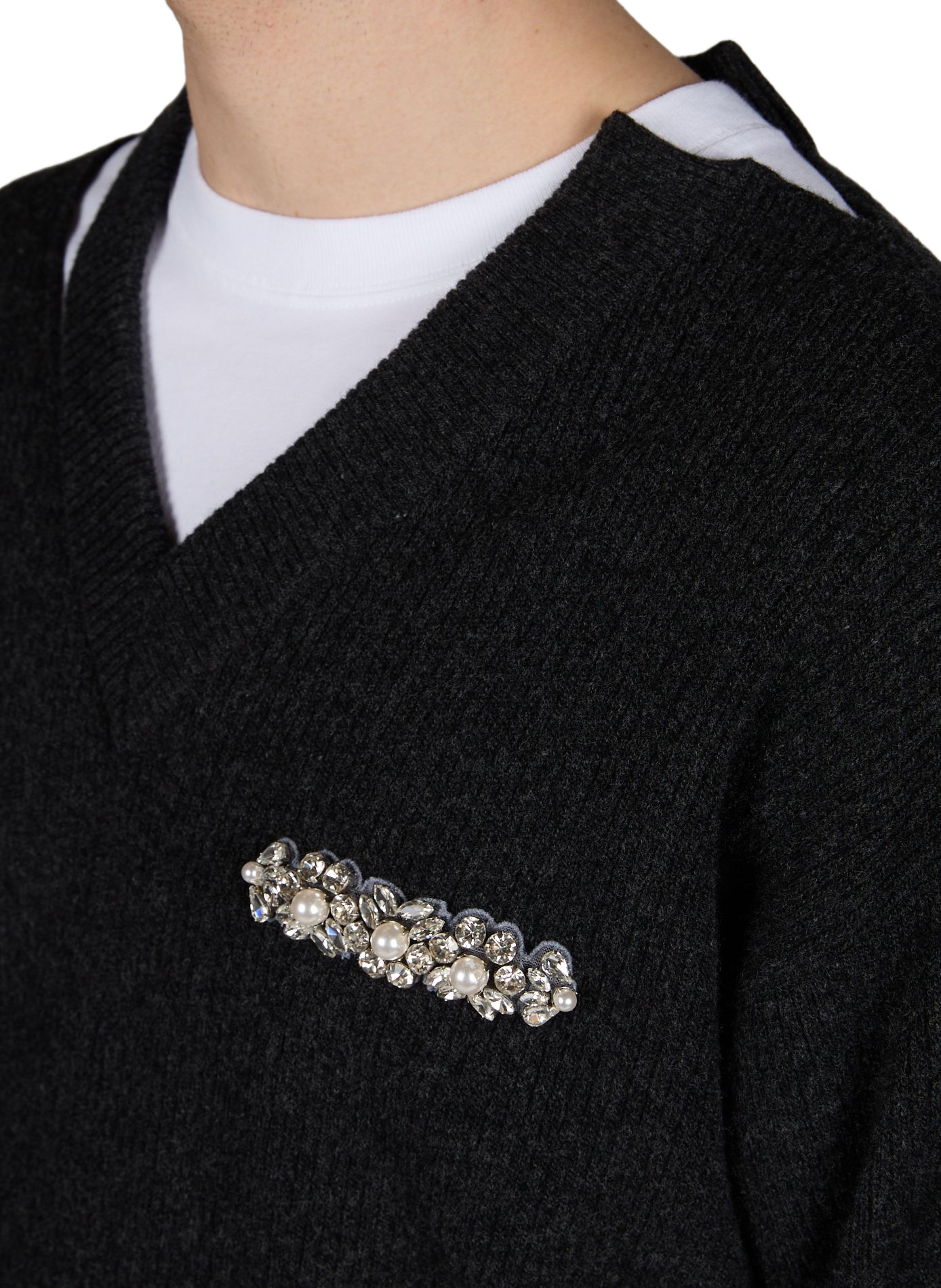 V-neck sweater with jewel on chest in blended wool SIMONE ROCHA Grey