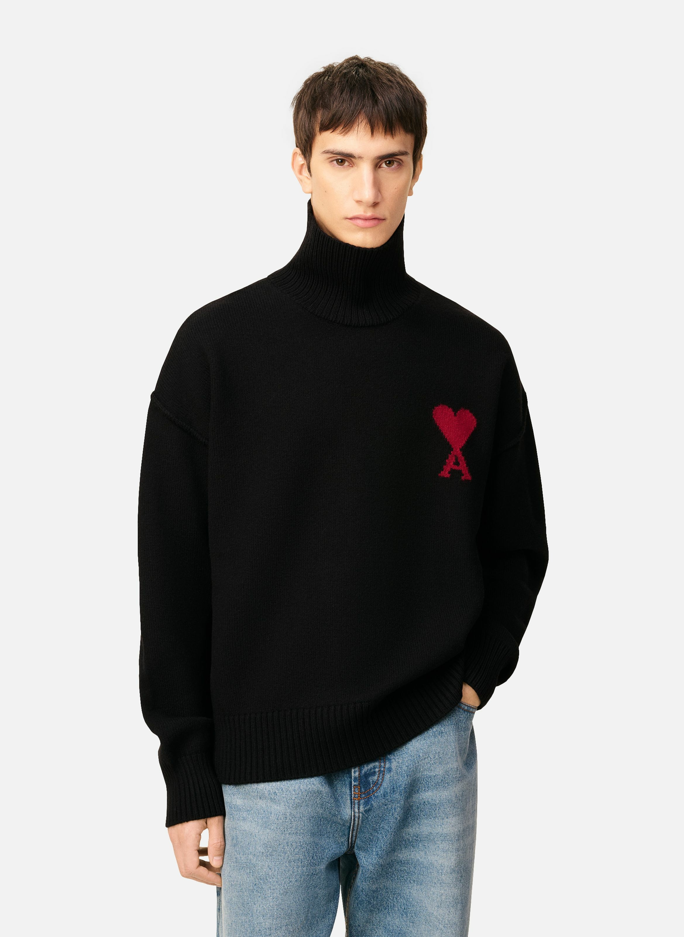 Pull col cheminée ami de coeur en laine unisexe AMI PARIS Noir