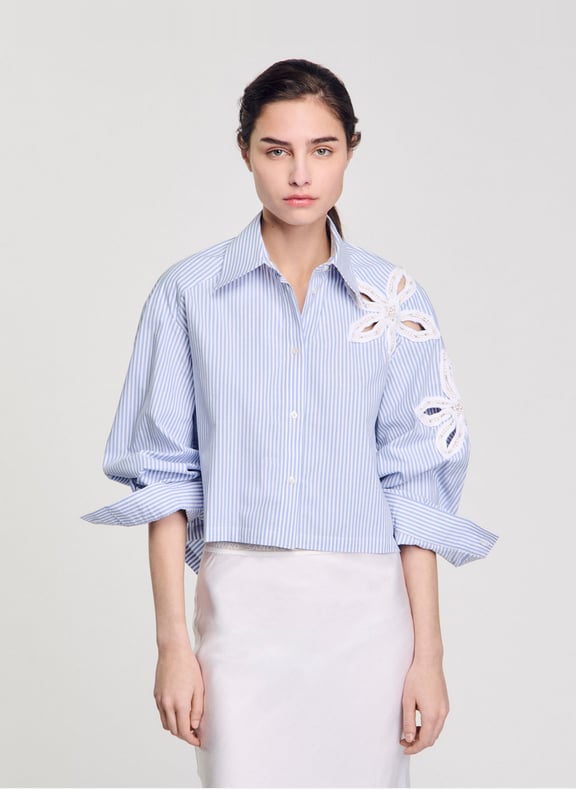 Chemise oversize en coton mélangé rayé Bleu by SANDRO SANDRO Chemise oversize en coton mélangé rayé Bleu