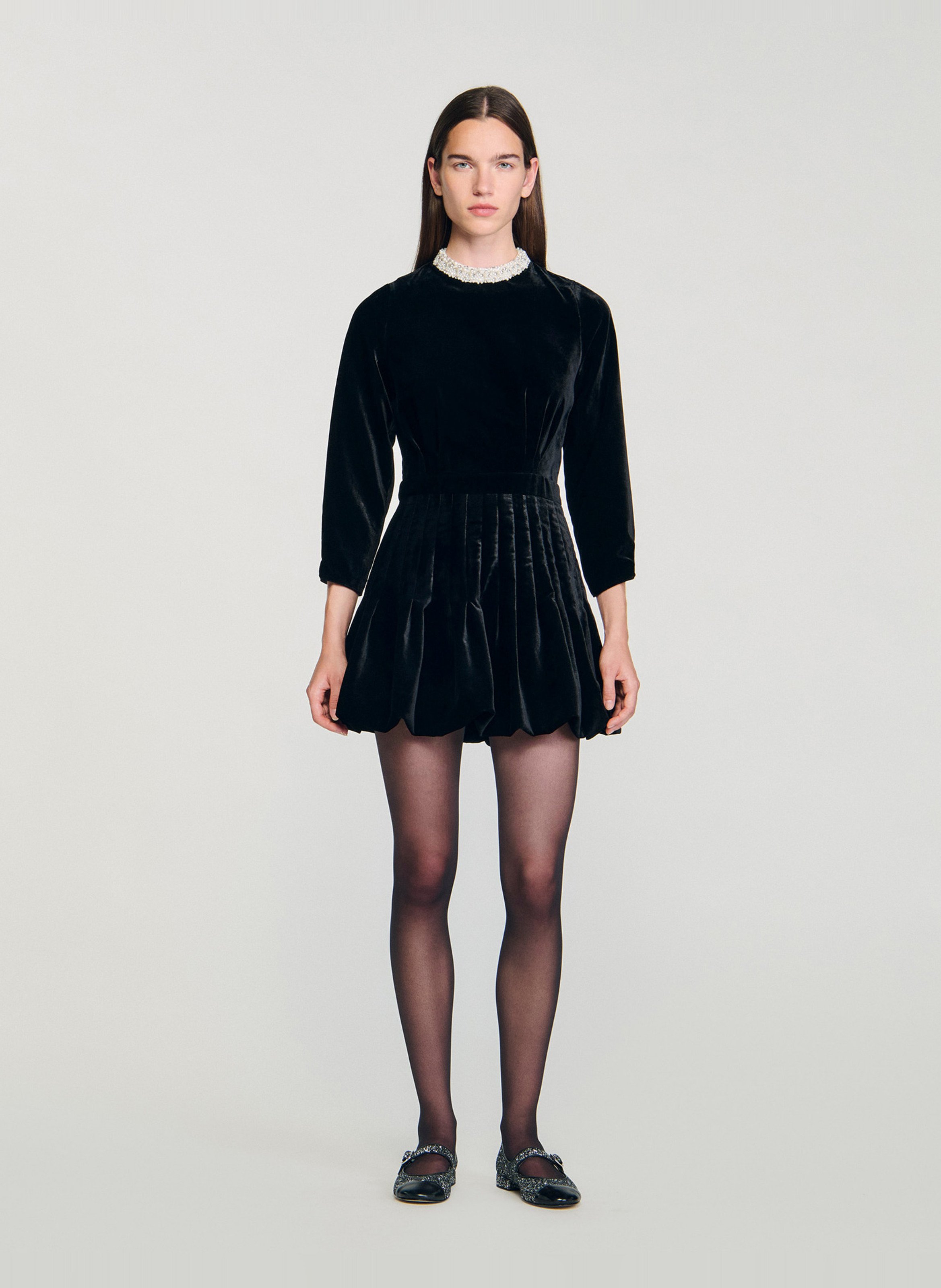 Robe courte col rond en velours SANDRO Noir