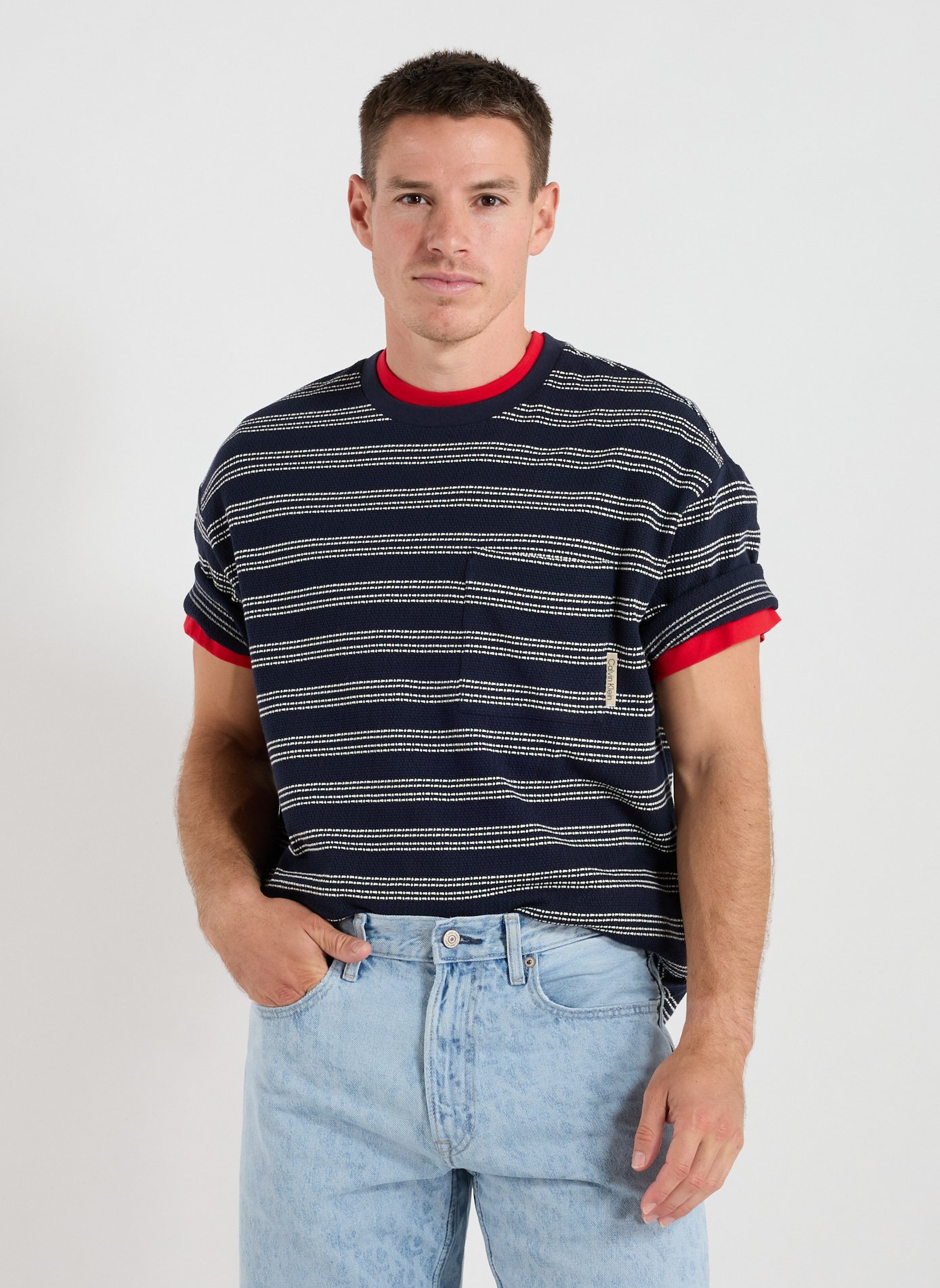 CALVIN KLEIN Round neck striped cotton T-shirt Blue