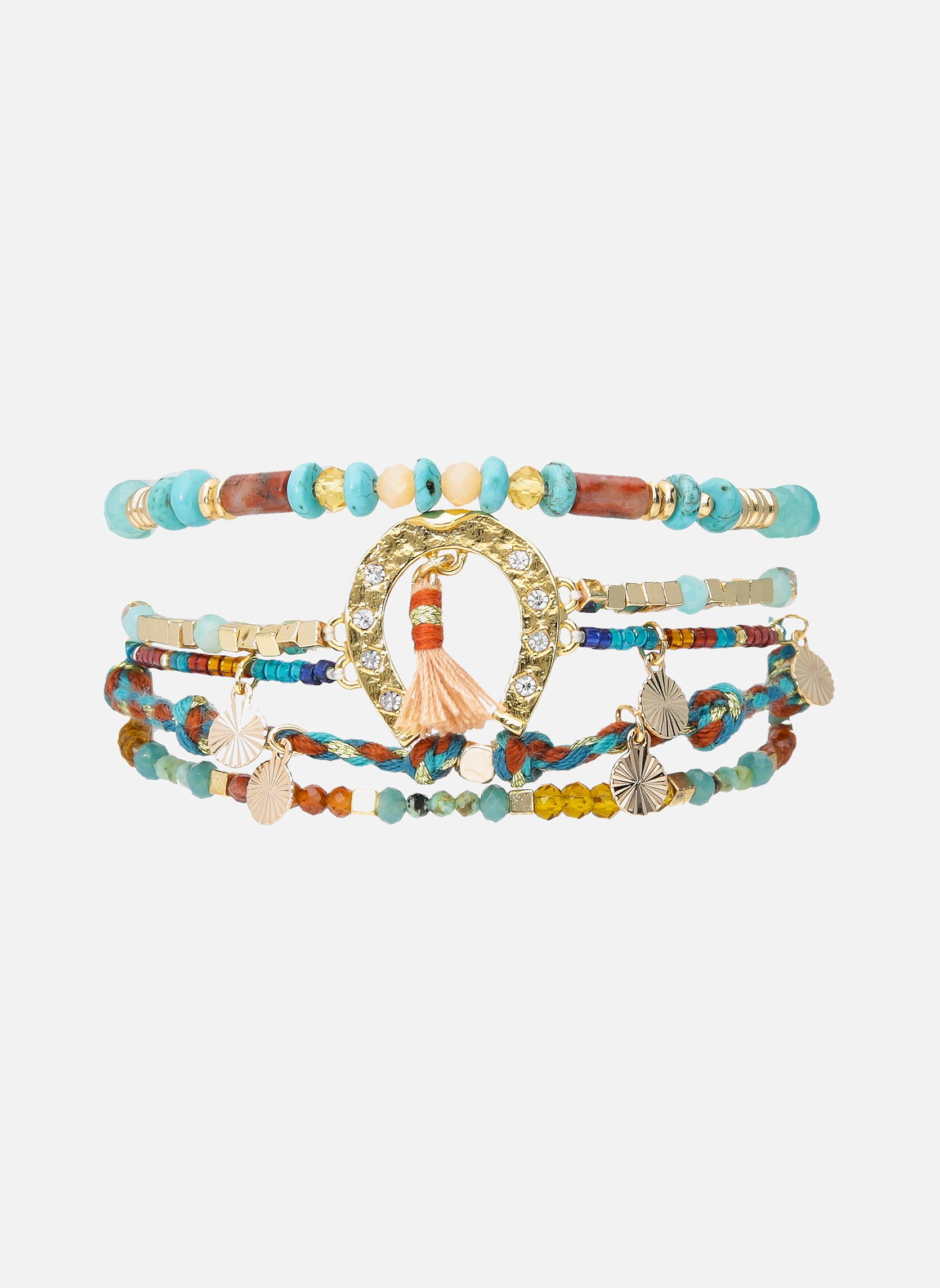 Bracelet manchette multiliens avec perles avec cabochon central fer à cheval gitano HIPANEMA Bleu
