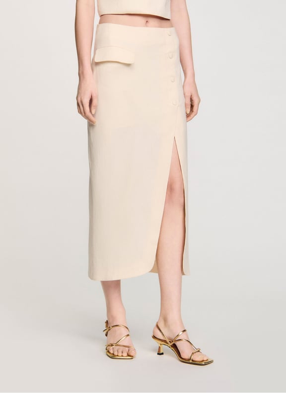 Jupe midi en li et en coton mélangés Beige by SANDRO SANDRO Jupe midi en li et en coton mélangés Beige