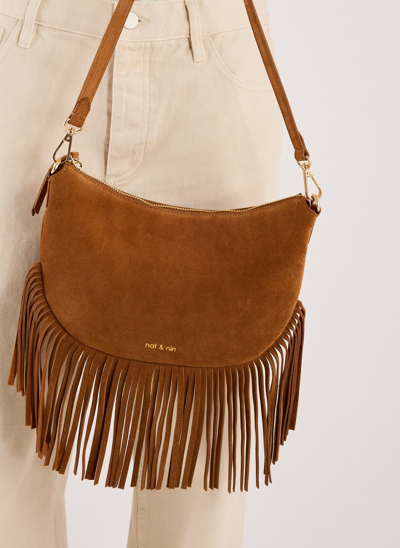 Sac à bandoulière Lune Franges en cuir NAT &amp; NIN Marron