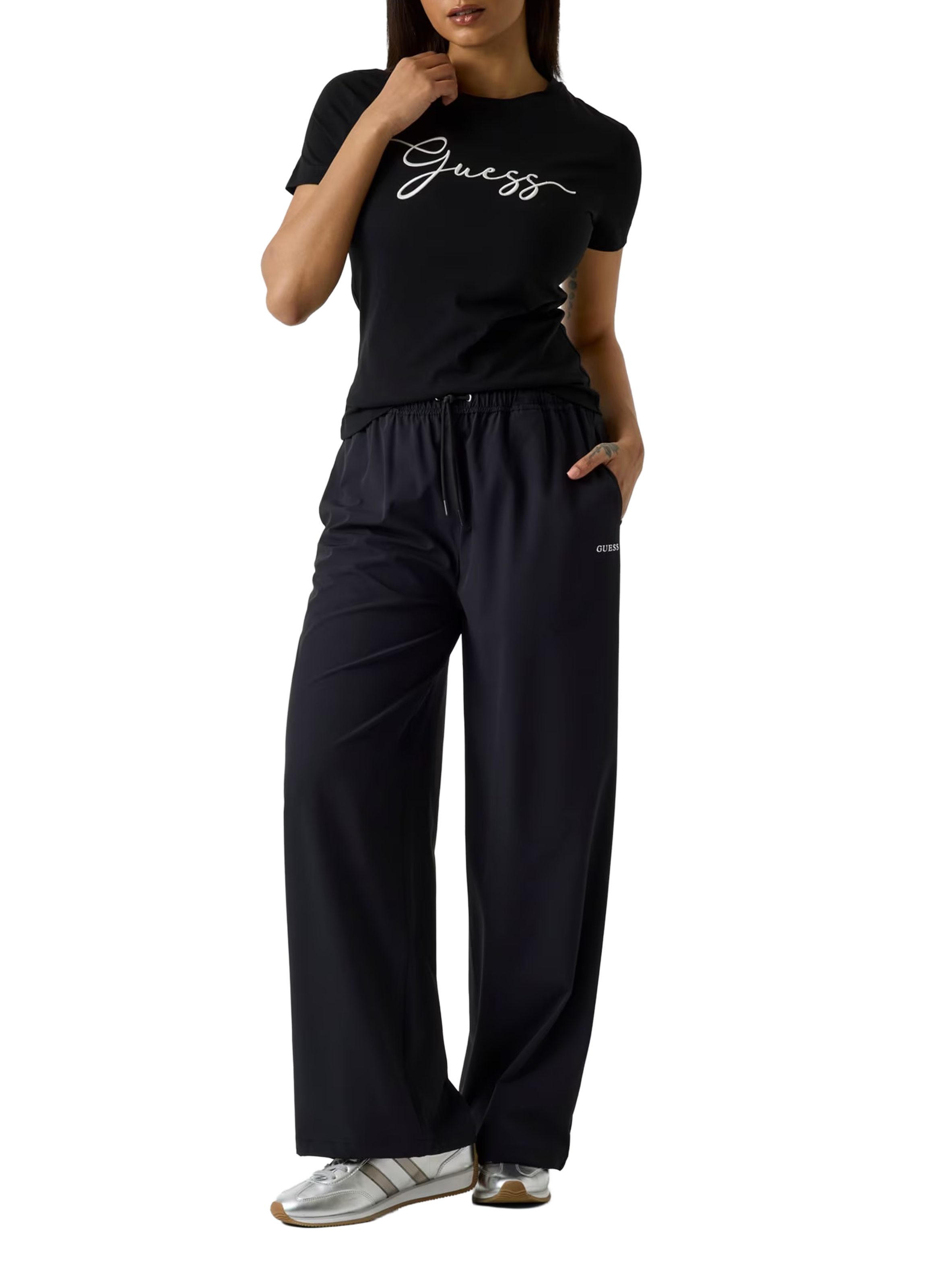 T-shirt met katoenen logo-borduursel GUESS Zwart