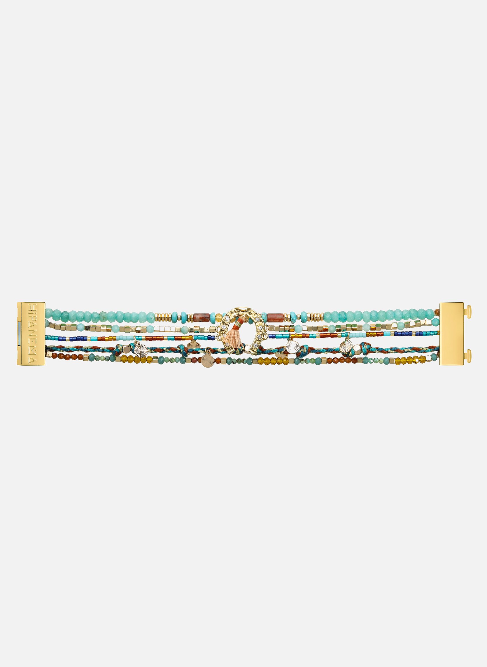 Bracelet manchette multiliens avec perles avec cabochon central fer à cheval gitano HIPANEMA Bleu