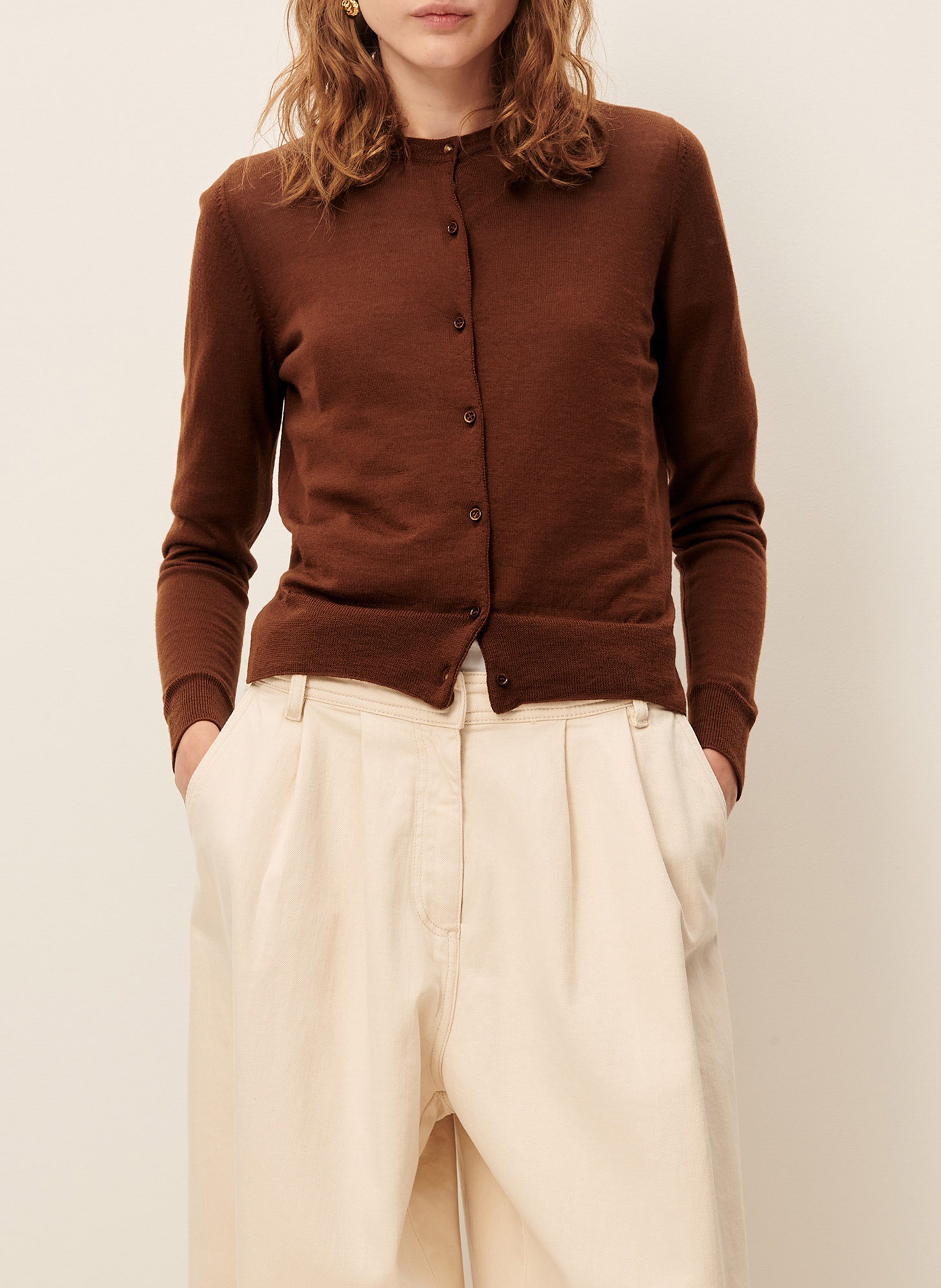 SESSUN Cardigan col rond en laine diga Marron