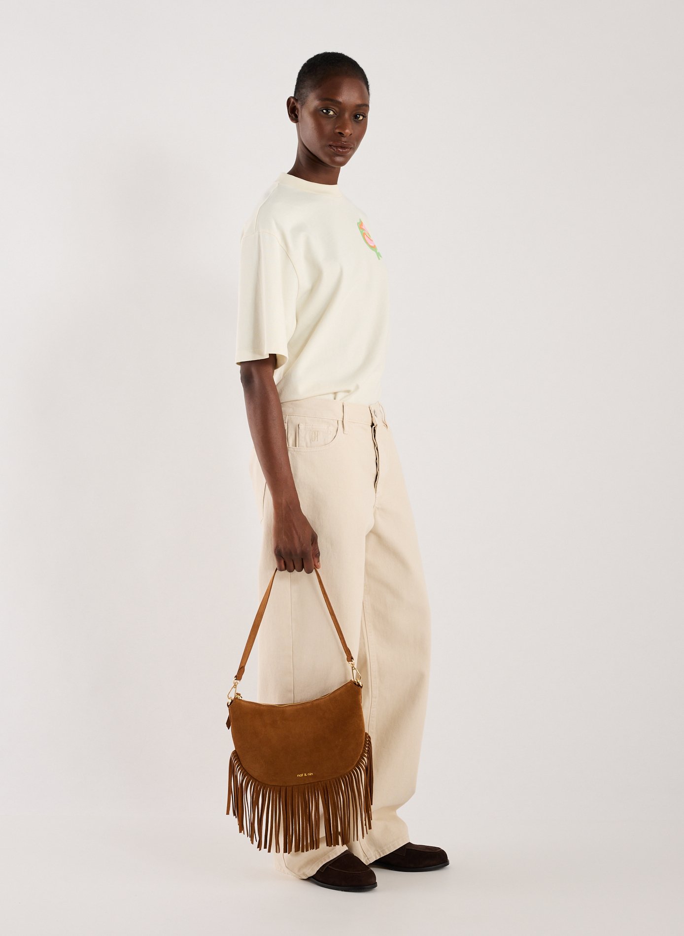 Sac à bandoulière Lune Franges en cuir NAT &amp; NIN Marron