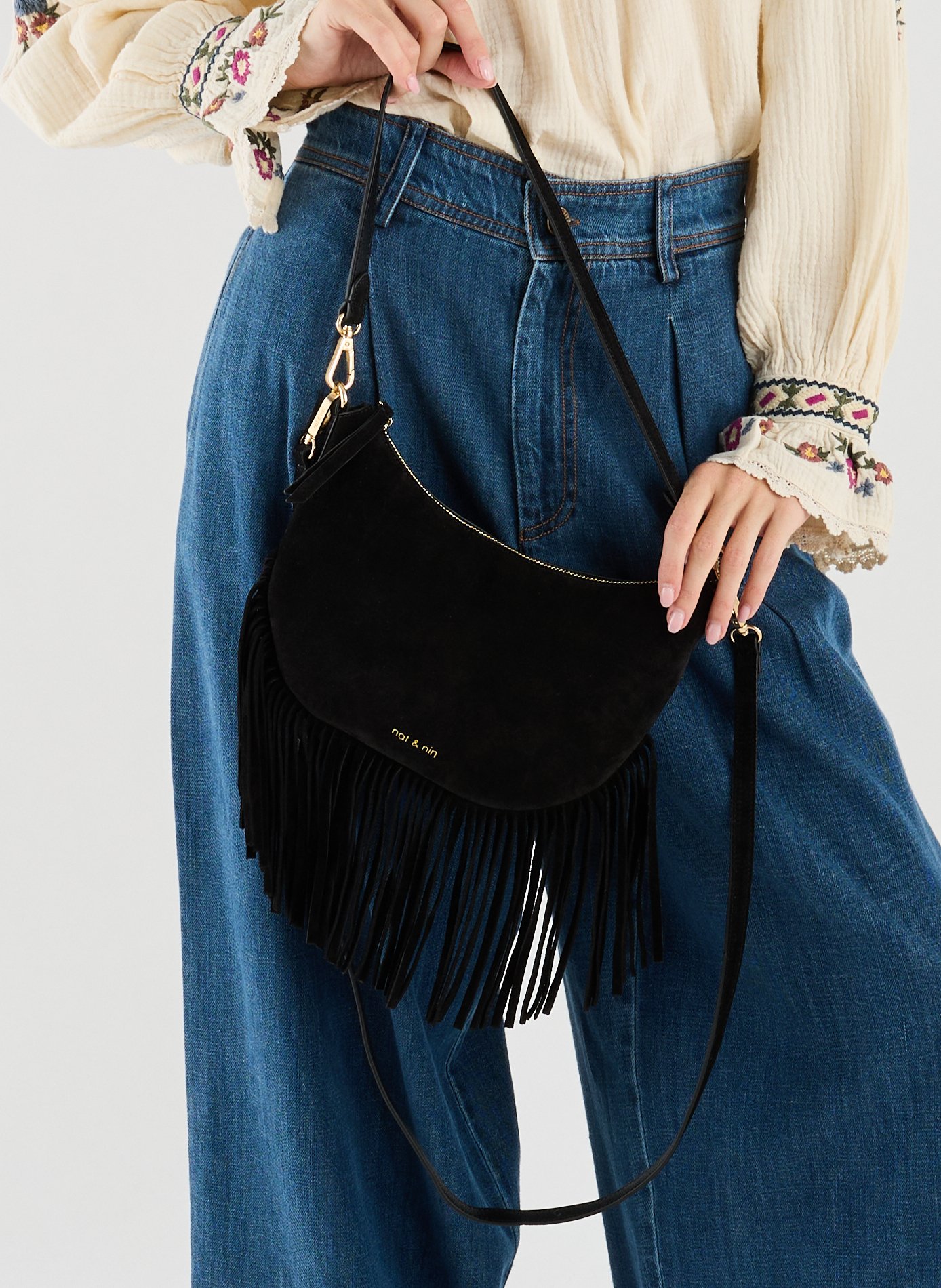 Moon Fringe Leather Crossbody Bag NAT & NIN Black