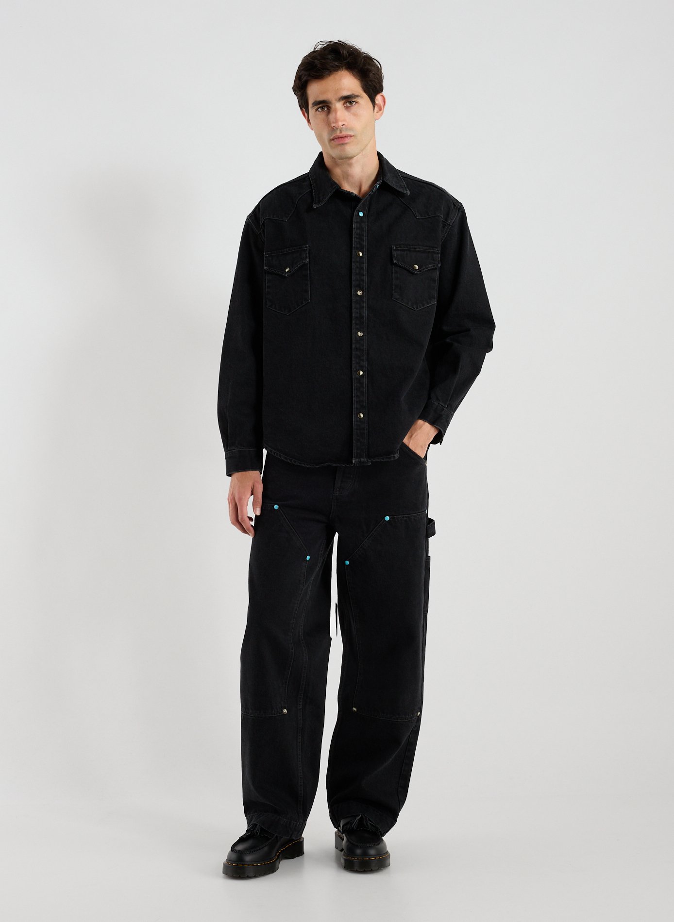 Oversized cotton shirt with patterns CALEB Black