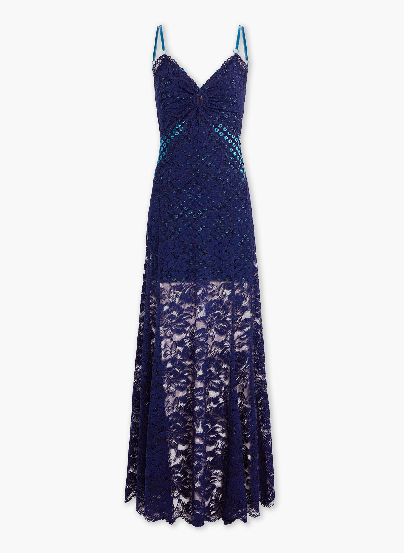 Longue robe en dentelle trompe-l'œil RABANNE Bleu