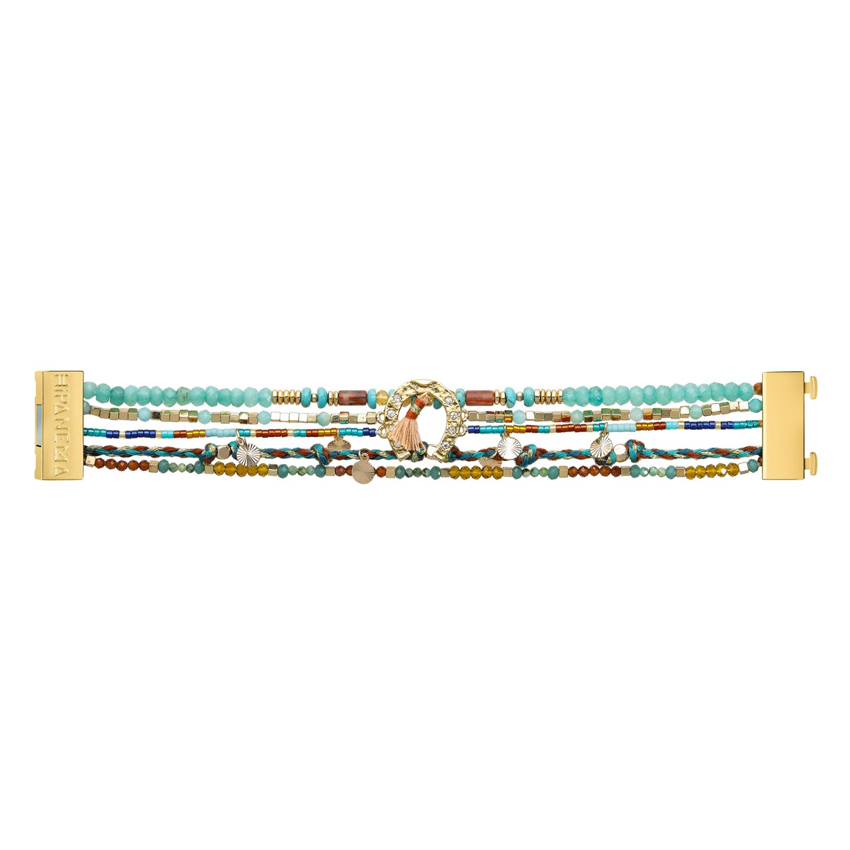 Bracelet manchette multiliens avec perles avec cabochon central fer à cheval gitano HIPANEMA Bleu
