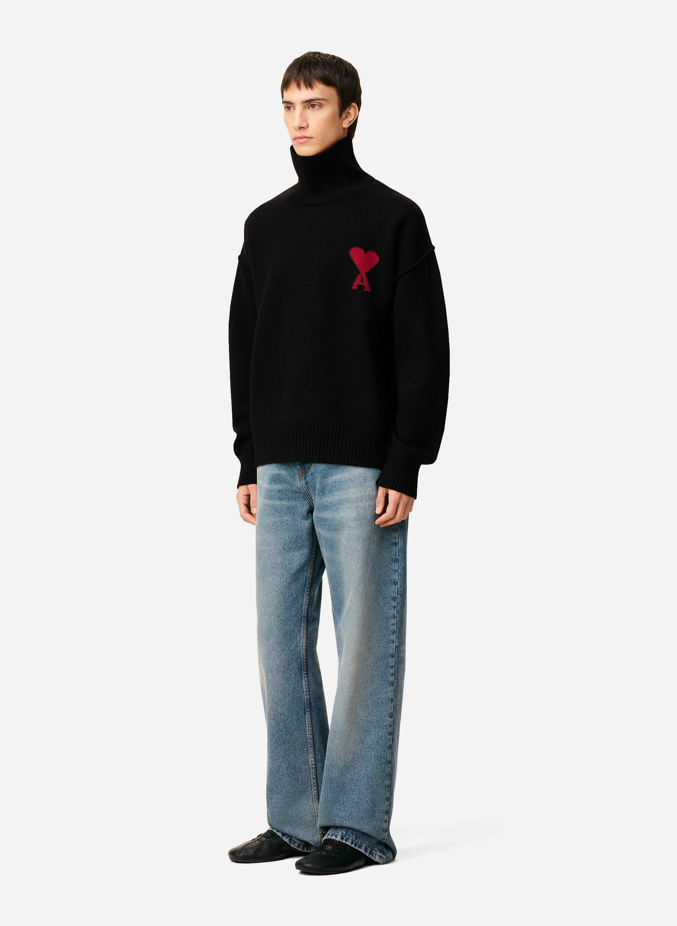 Pull col cheminée ami de coeur en laine unisexe AMI PARIS Noir