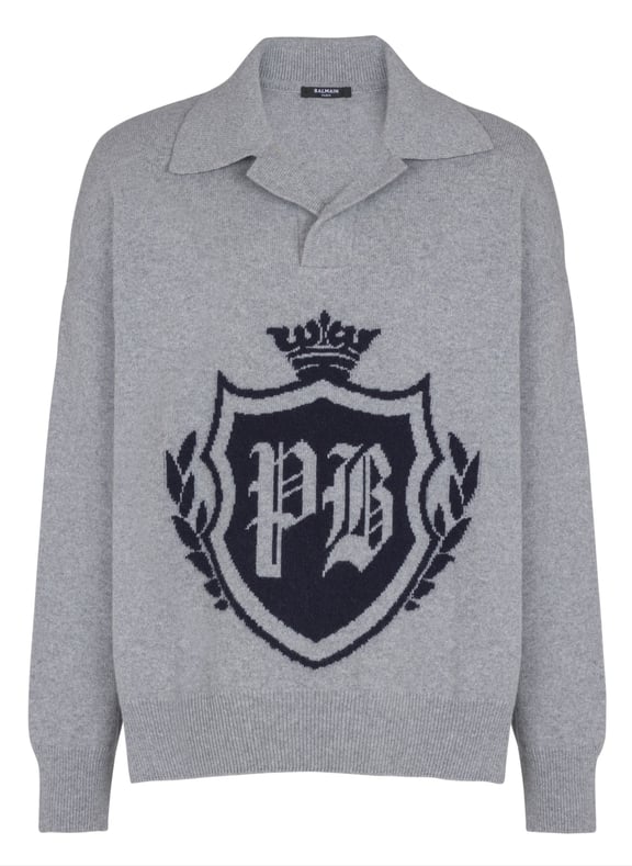 Pull-polo college emblem en cachemire écologique Gris by BALMAIN BALMAIN Pull-polo college emblem en cachemire écologique Gris