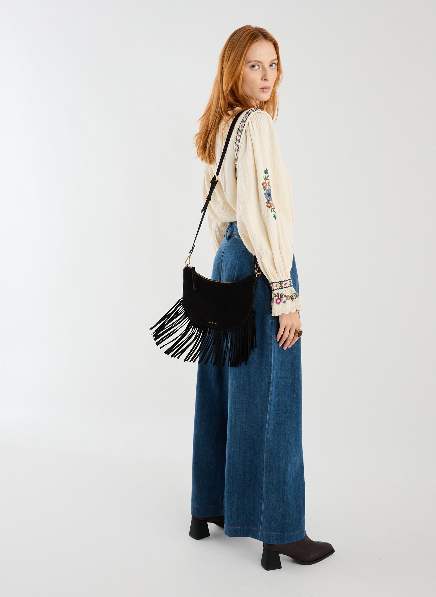 Moon Fringe Leather Crossbody Bag NAT & NIN Black