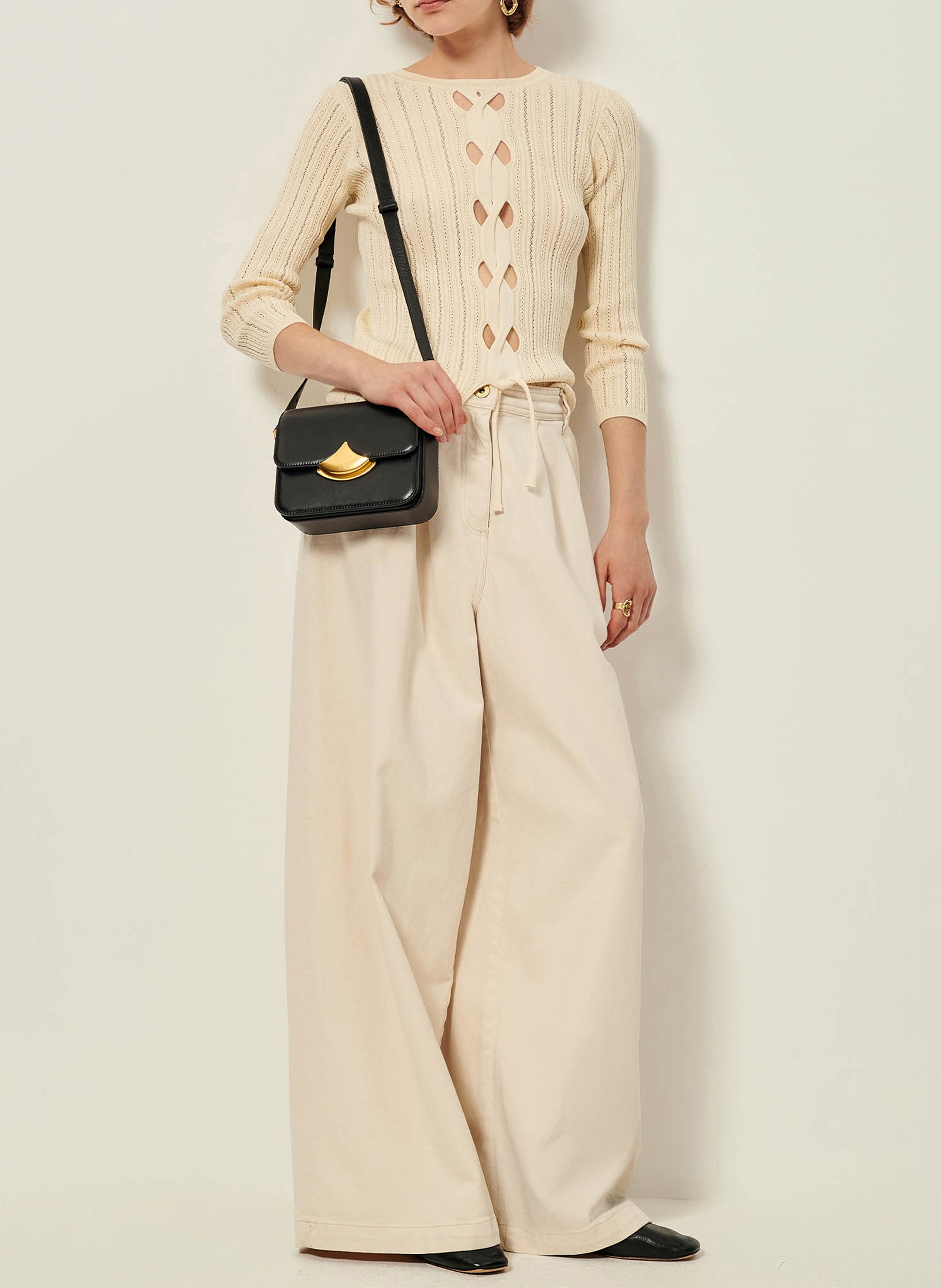 Pull manches 3/4 tricoté à découpes en coton alencar SESSUN Beige