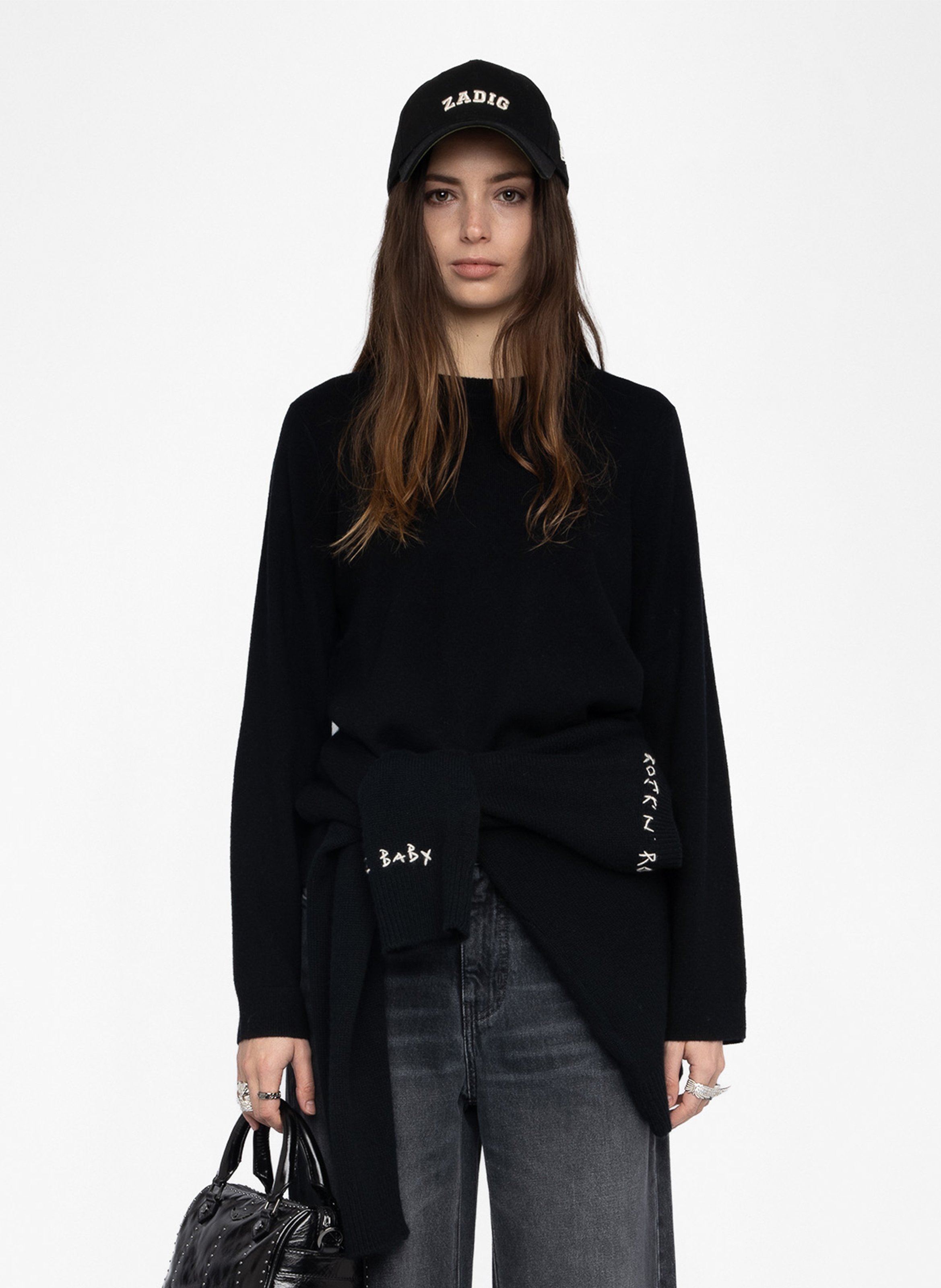 Pull col rond avec patchs en cuir cara ZADIG&VOLTAIRE Noir
