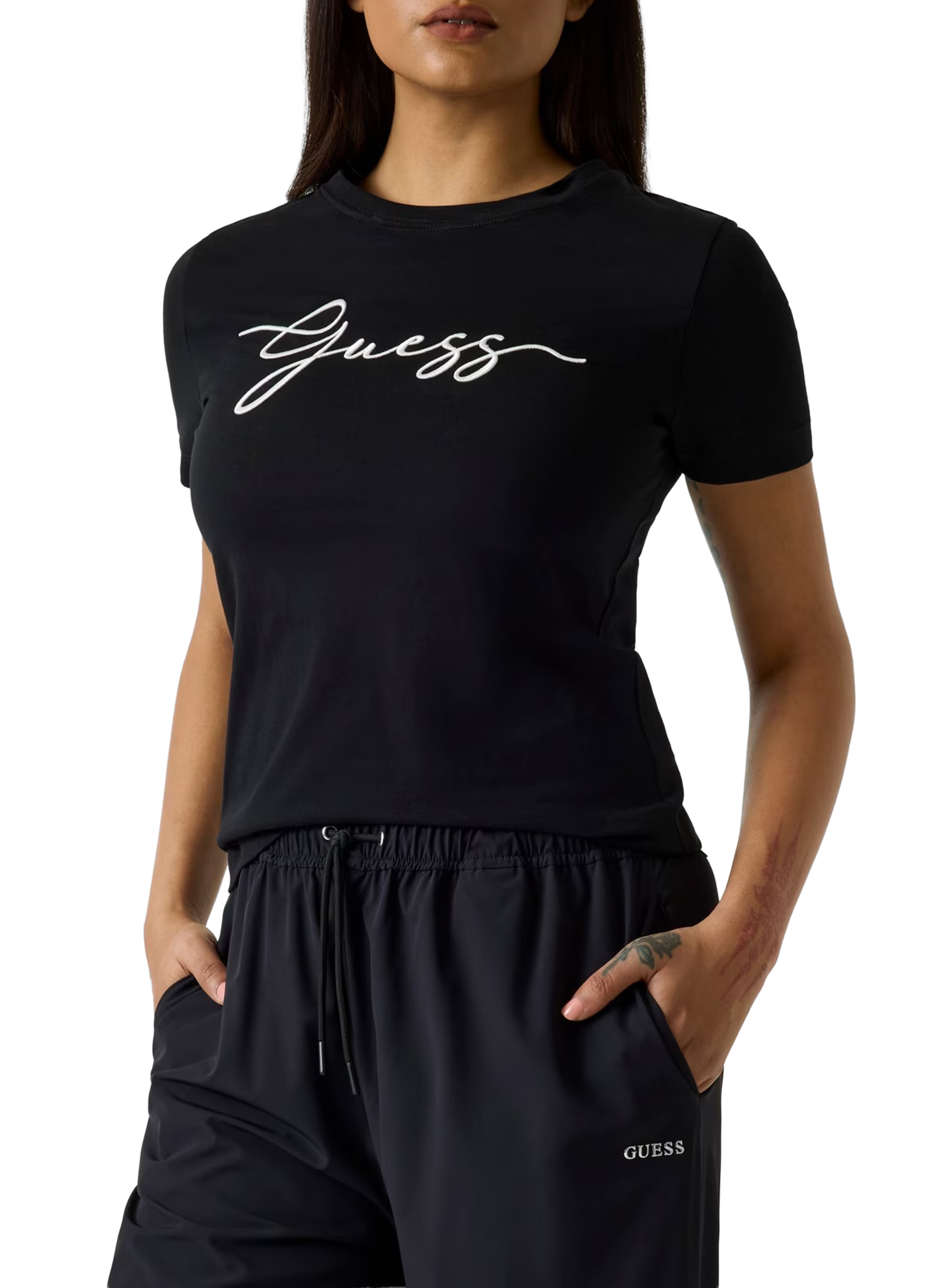 T-shirt met katoenen logo-borduursel GUESS Zwart