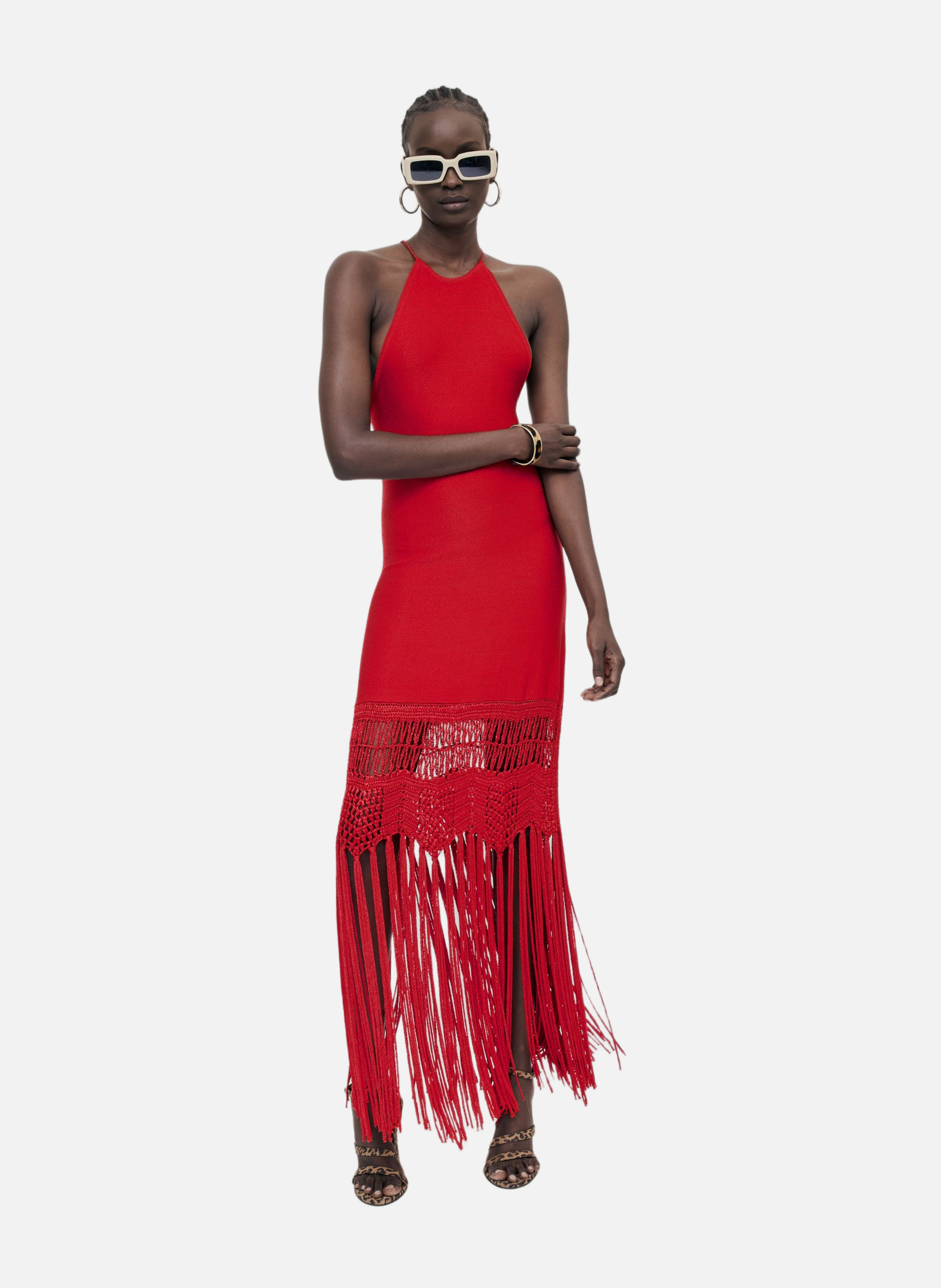 Robe dos nu avec franges en maille THE KOOPLES Rouge