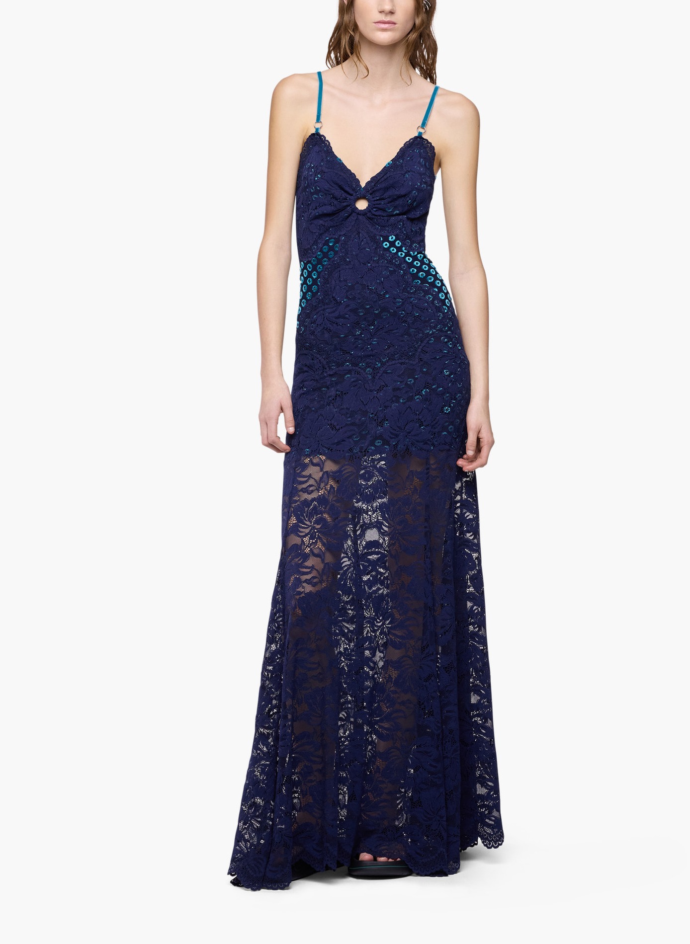 Longue robe en dentelle trompe-l'œil RABANNE Bleu