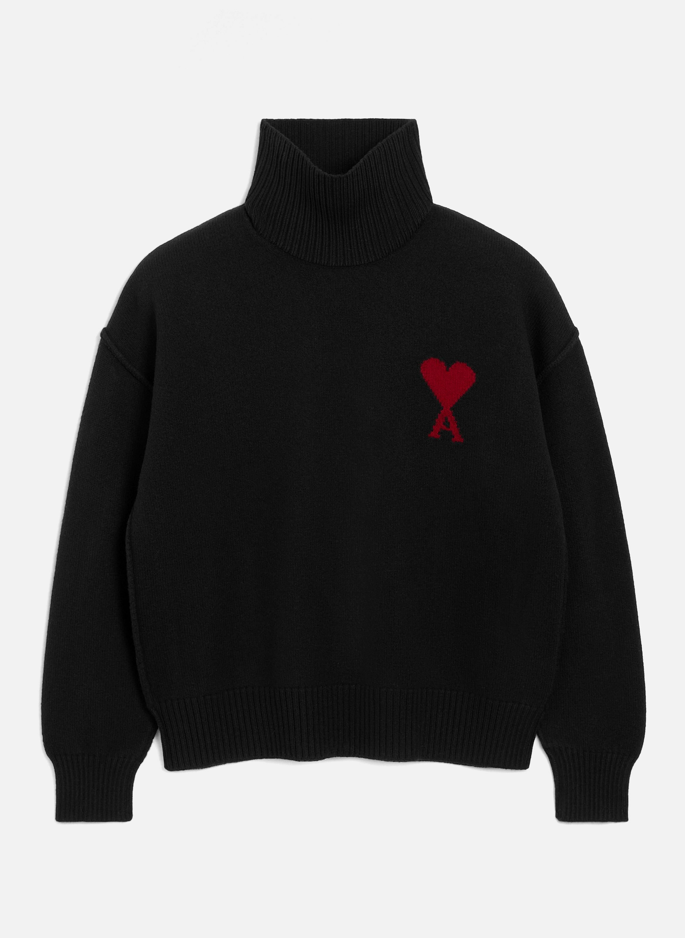 AMI PARIS Pull col cheminée ami de coeur en laine unisexe Noir