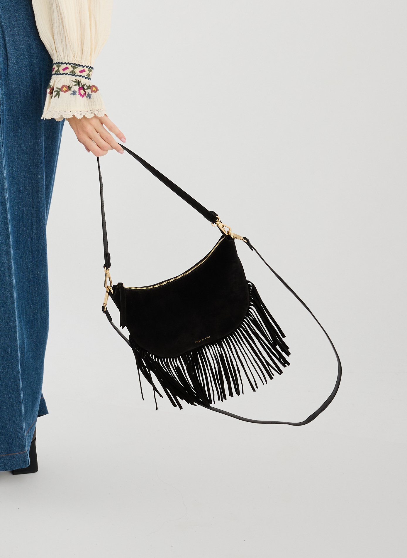 Moon Fringe Leather Crossbody Bag NAT & NIN Black