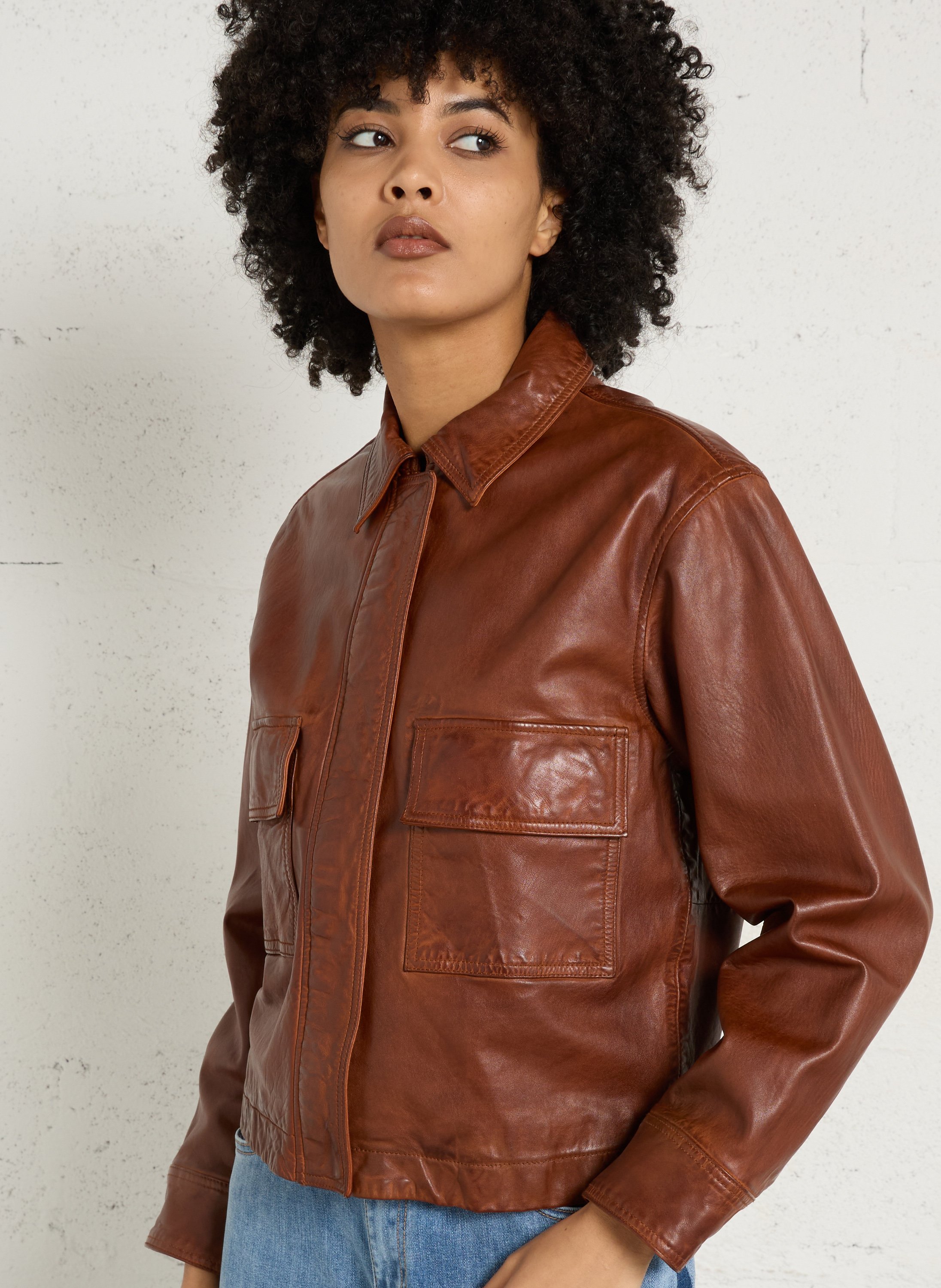 Veste col classique en cuir coco MAISON 123 Beige