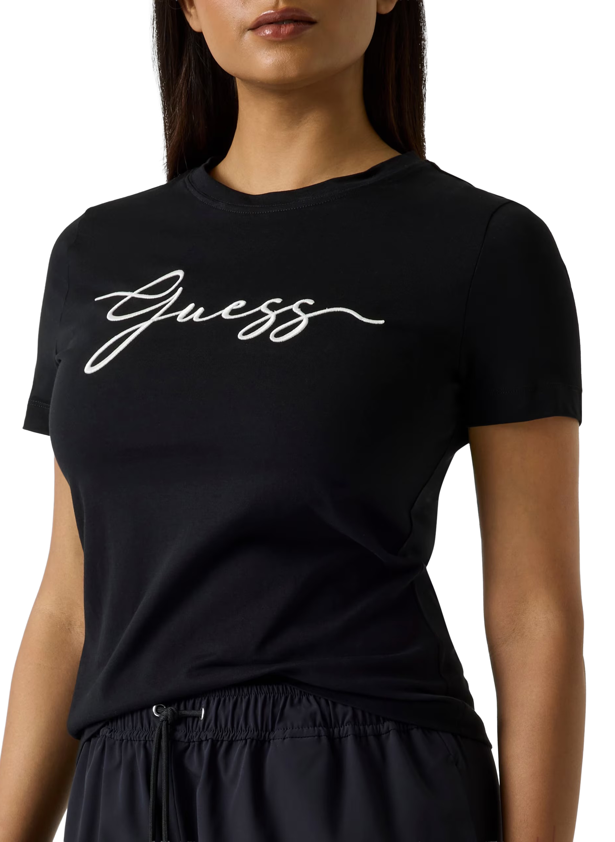 T-shirt met katoenen logo-borduursel GUESS Zwart