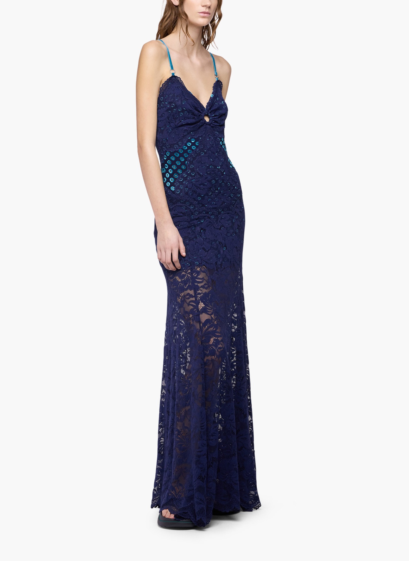 Longue robe en dentelle trompe-l'œil RABANNE Bleu