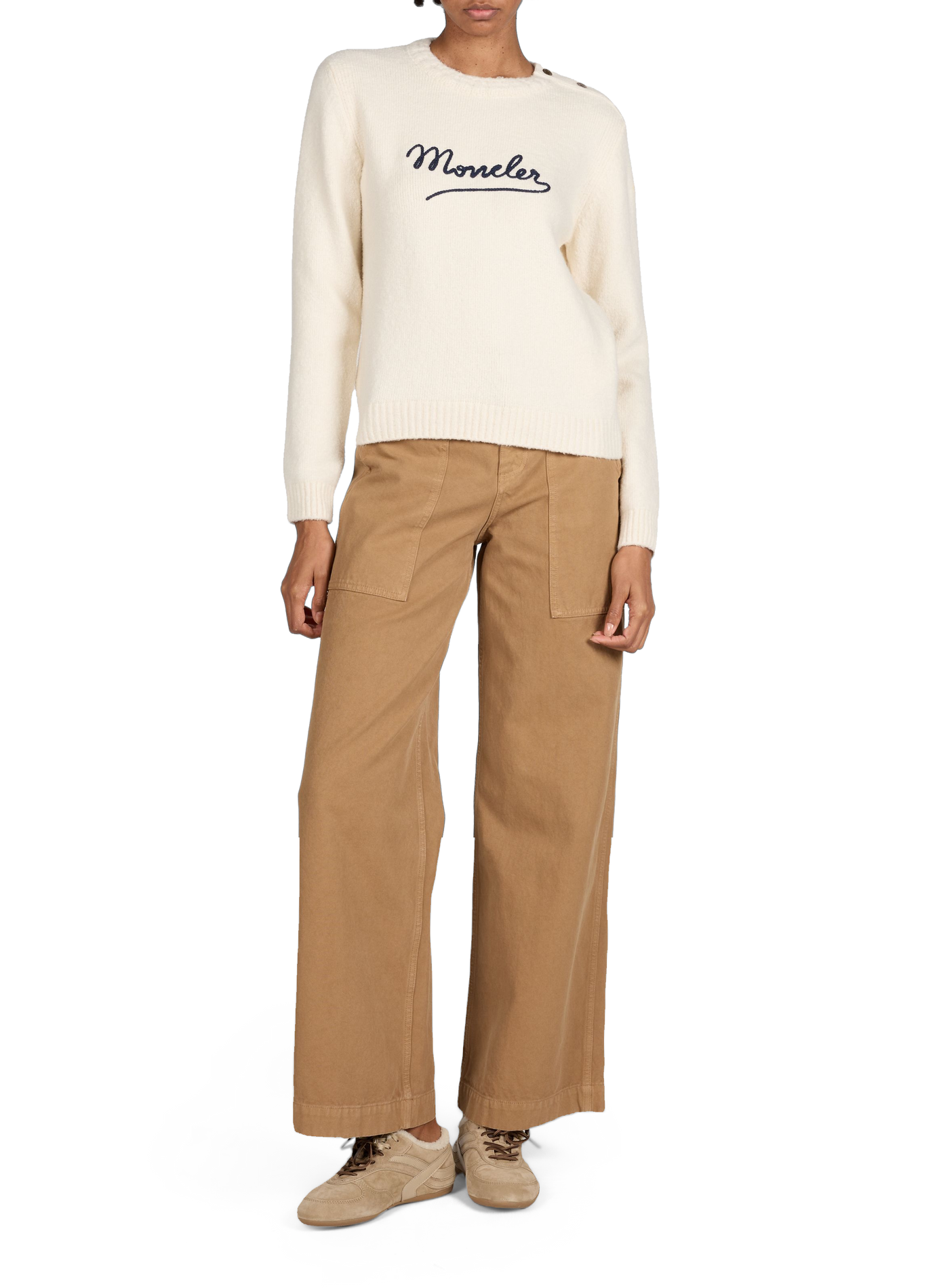 Pull brodé à col rond en coton mélangé MONCLER Blanc