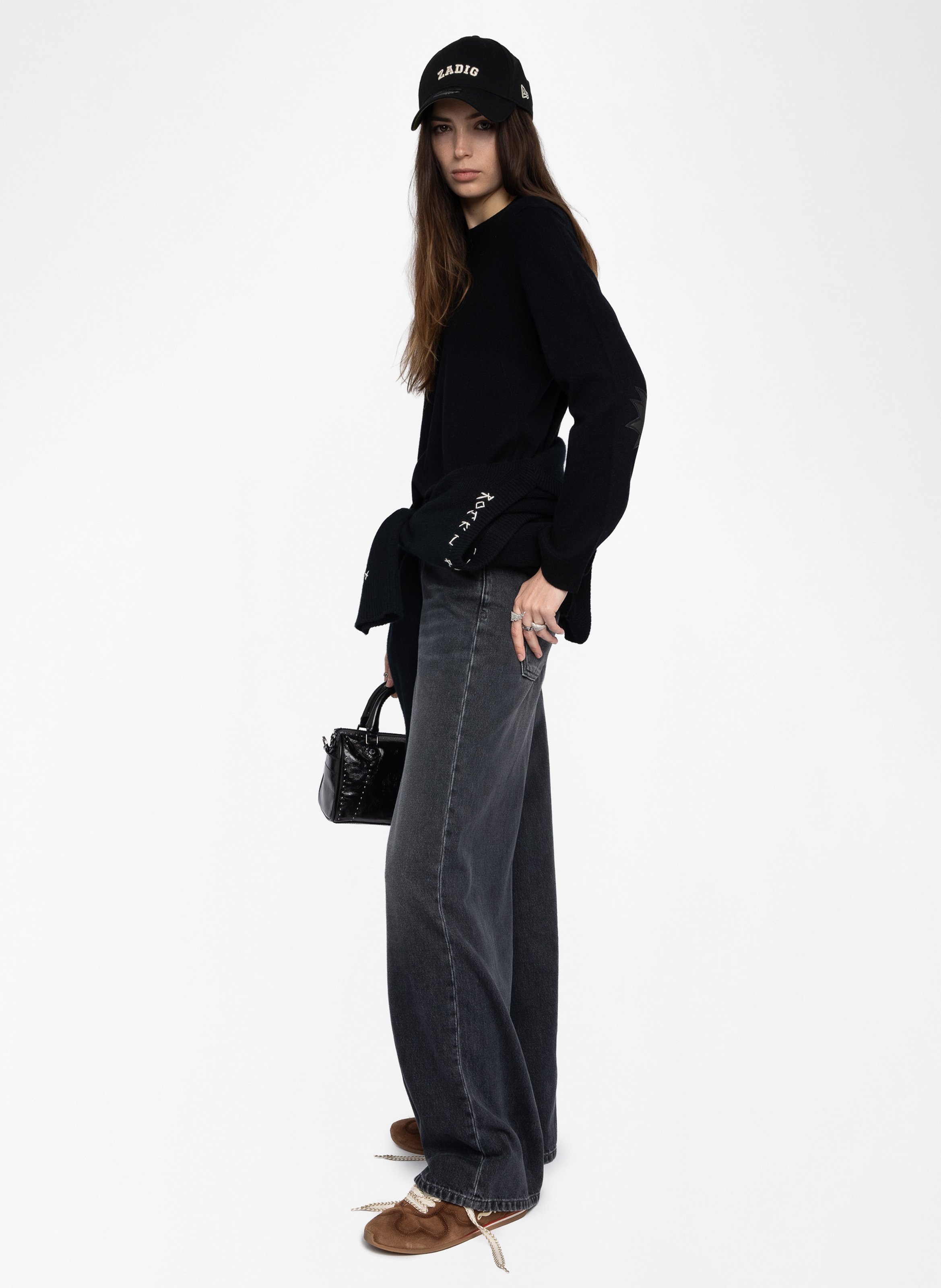 Pull col rond avec patchs en cuir cara ZADIG&VOLTAIRE Noir