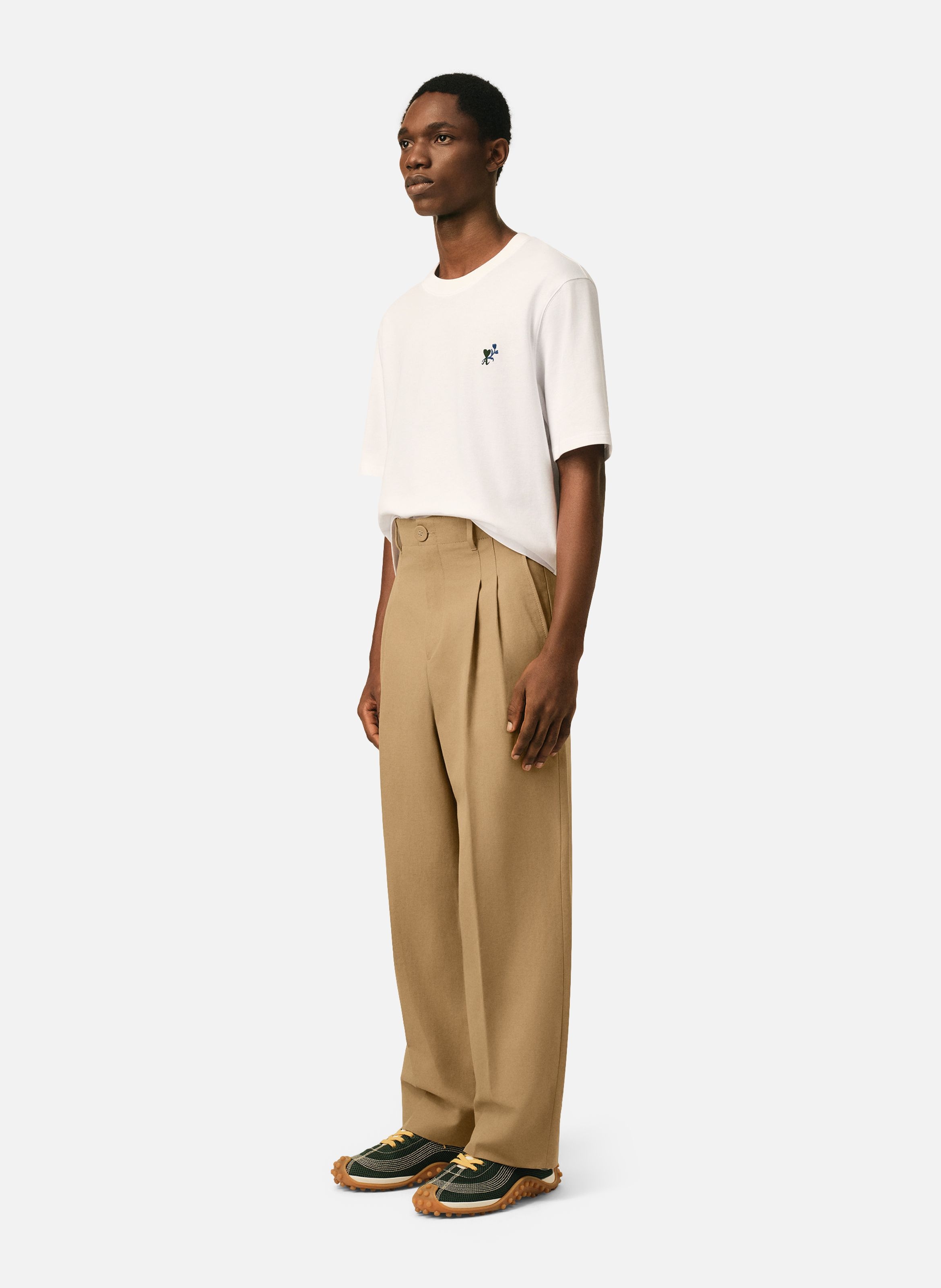 Pantalon coupe carotte taille haute en coton et lin AMI PARIS Beige