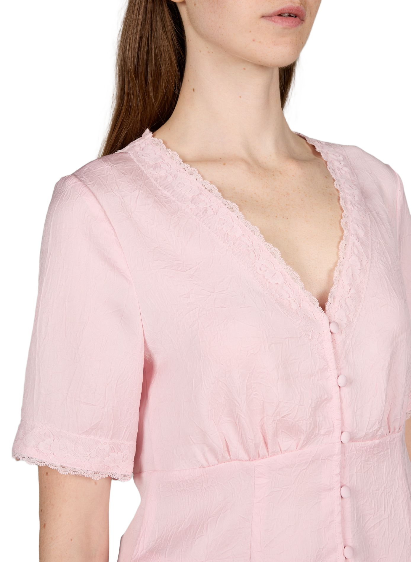 Top escote en V arrugado con detalle de encaje. BAUM UND PFERDGARTEN Rosa