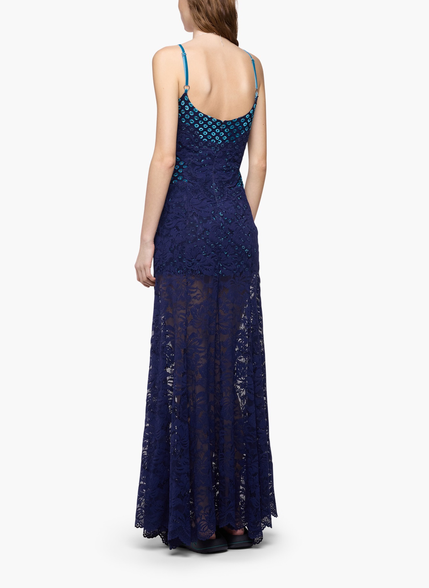 Longue robe en dentelle trompe-l'œil RABANNE Bleu