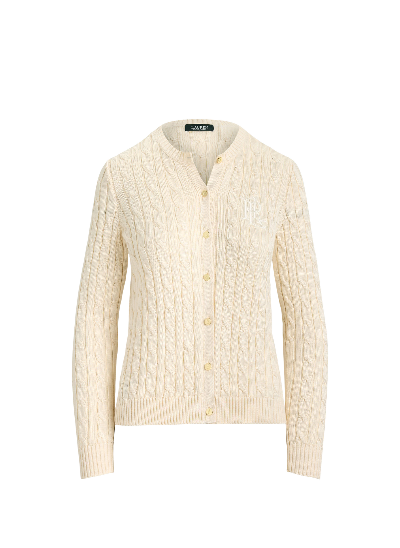 Cardigan with embroidered logo in twisted knit cotton. LAUREN Beige