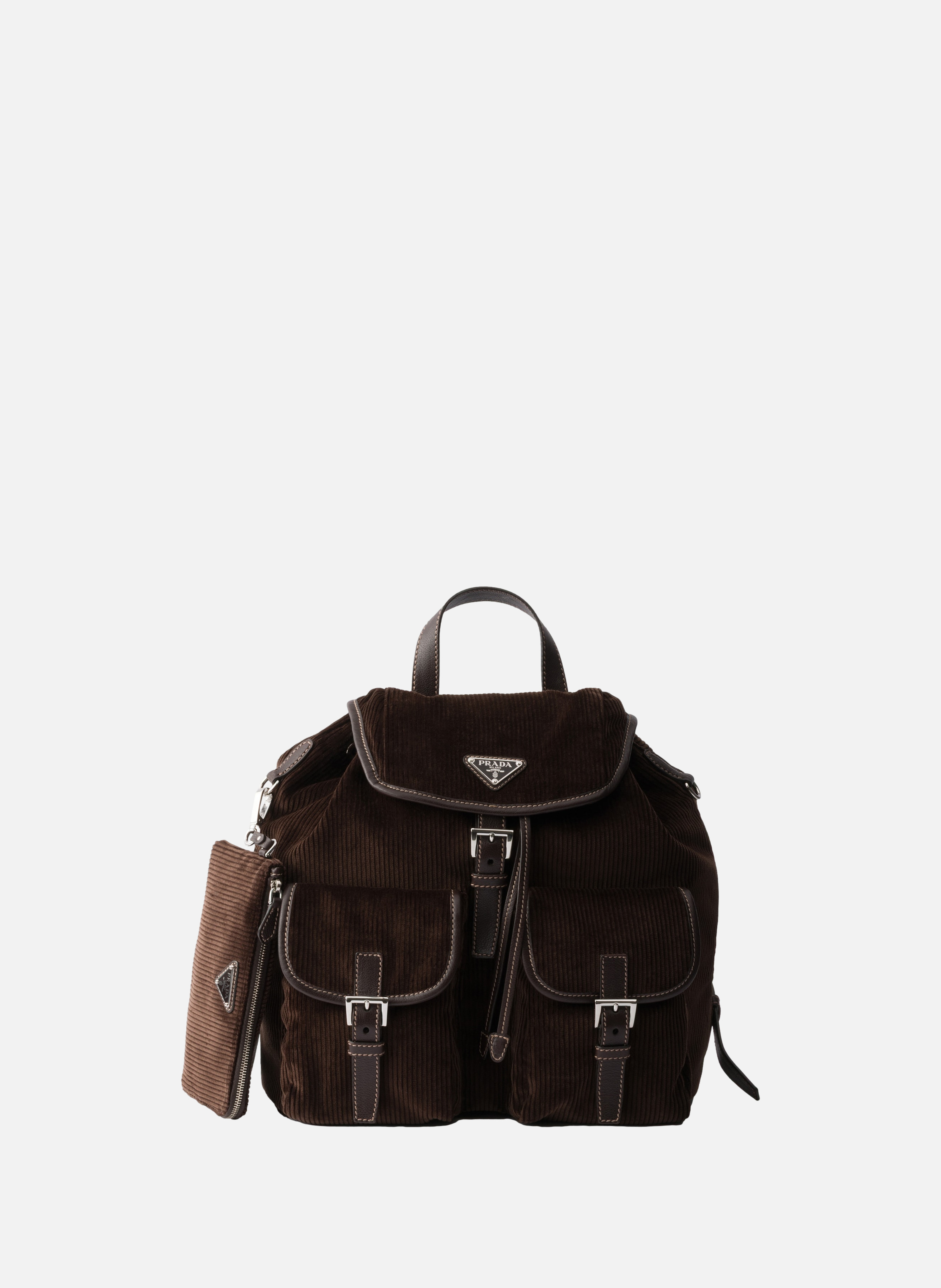 Sac à dos en velours côtelé et cuir moyen PRADA Marron