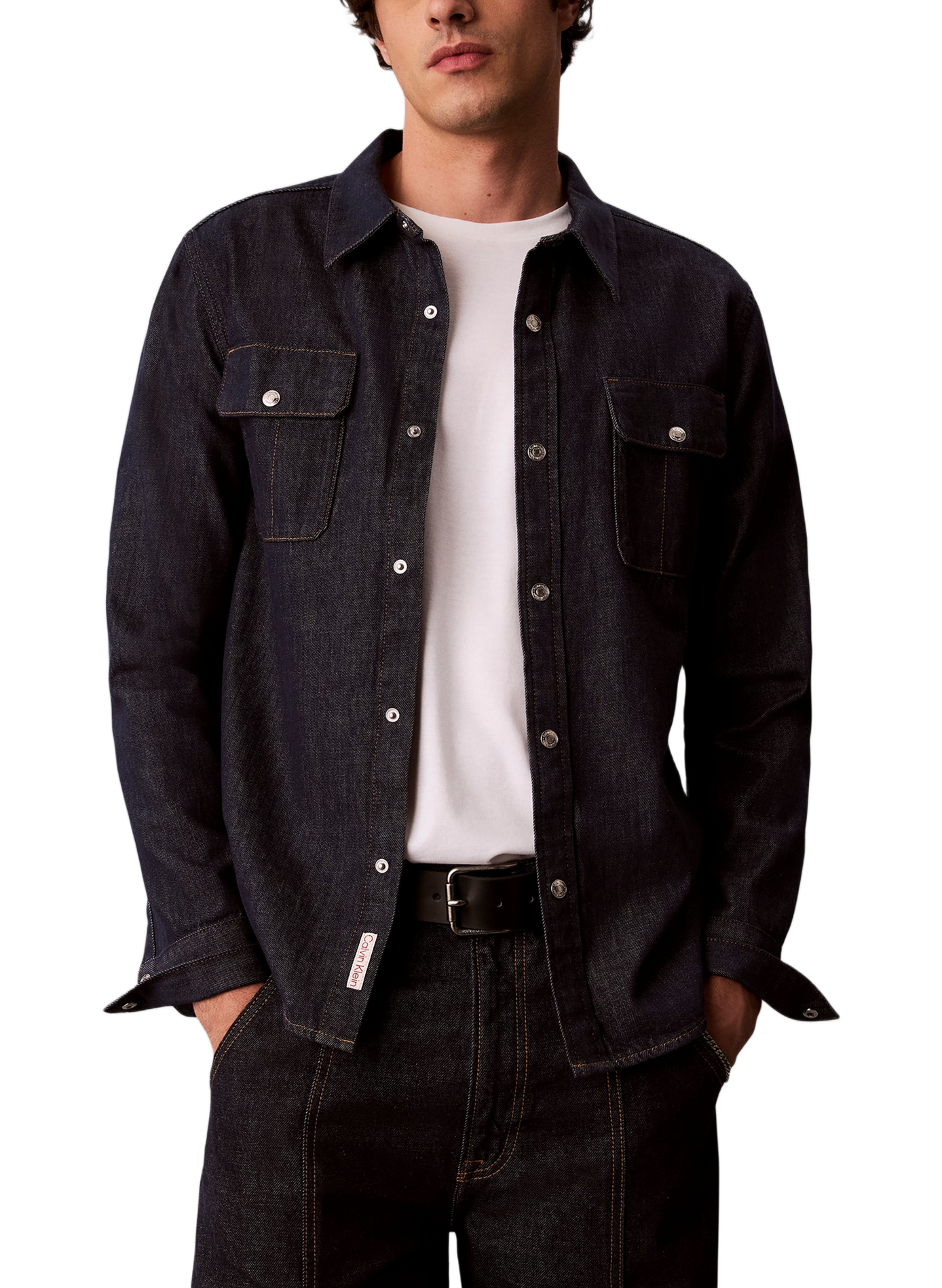 Chemise col classique en denim de coton CALVIN KLEIN Bleu