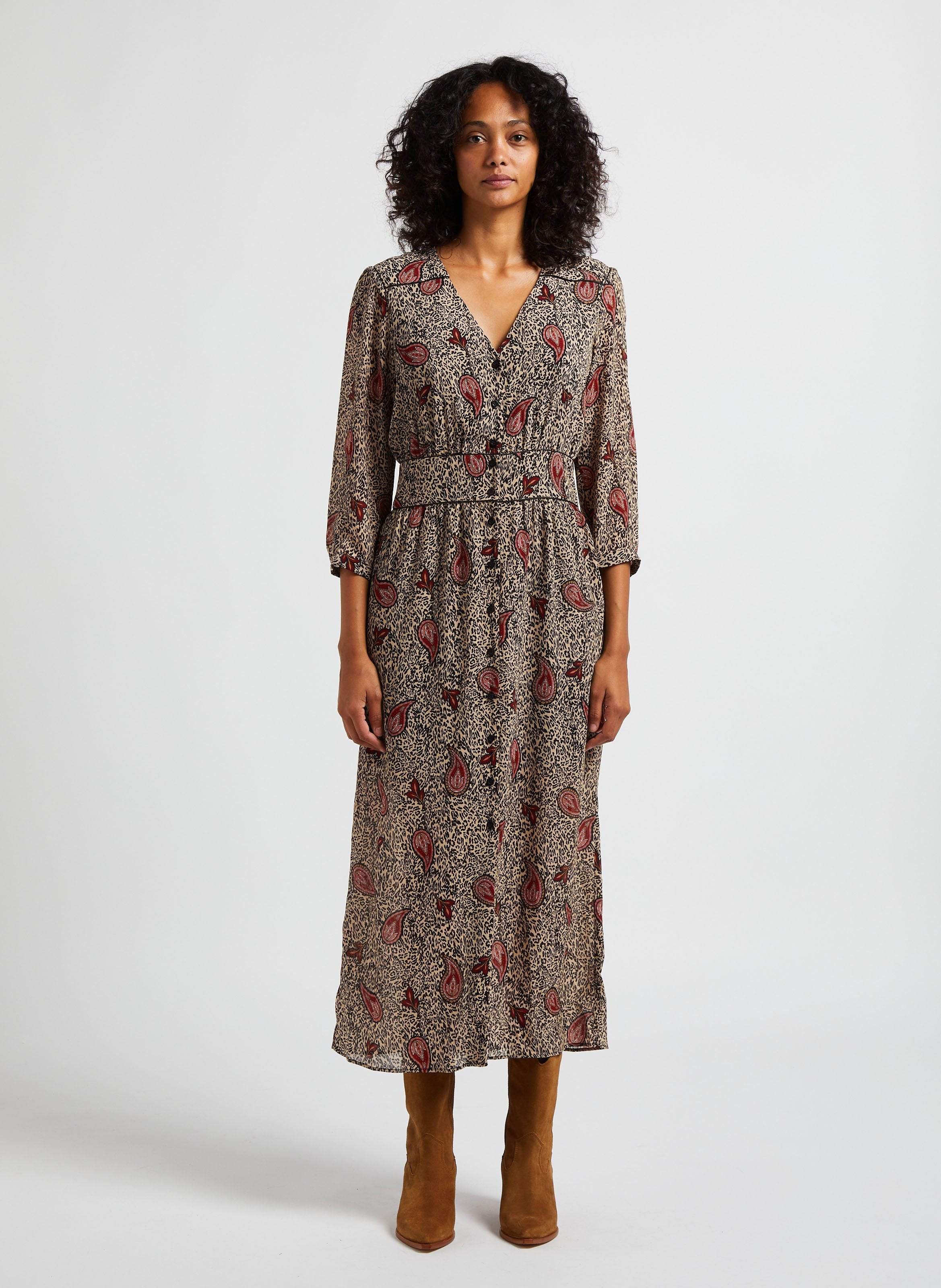 Robe longue col v imprimé tacheté