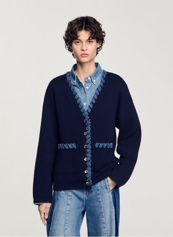 Cardigan droit détails denim Bleu by SANDRO SANDRO Cardigan droit détails denim Bleu