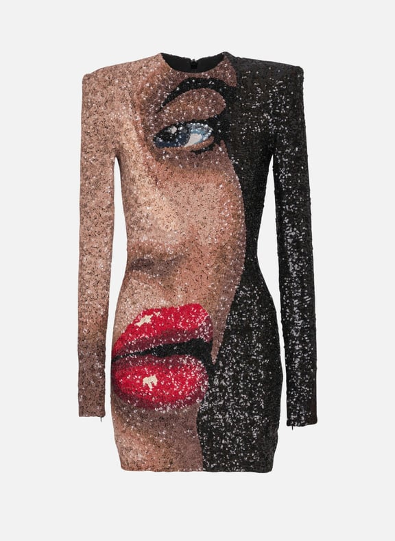 Robe courte brodée motif face Noir by BALMAIN BALMAIN Robe courte brodée motif face Noir