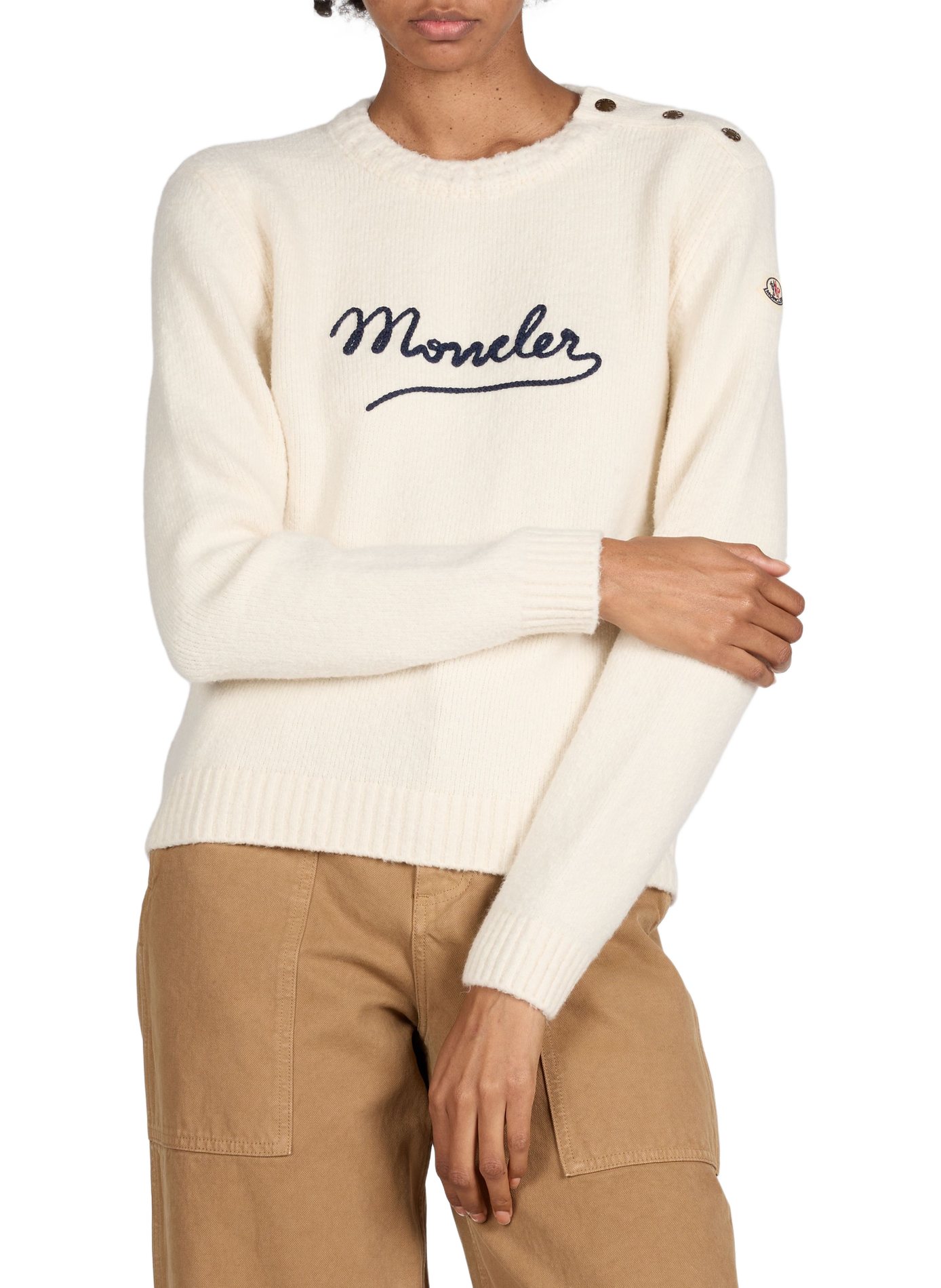 Pull brodé à col rond en coton mélangé MONCLER Blanc