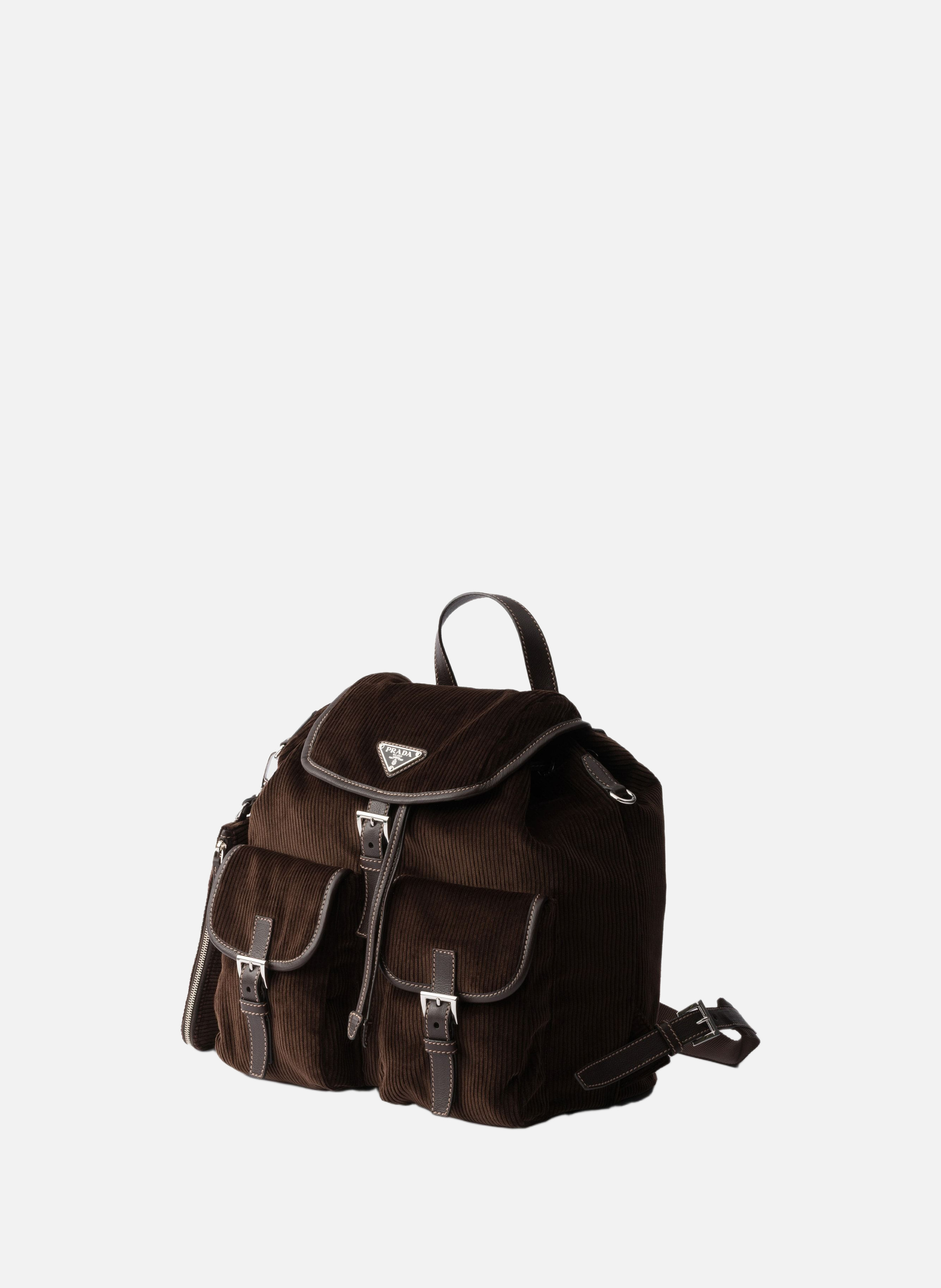 Sac à dos en velours côtelé et cuir moyen PRADA Marron