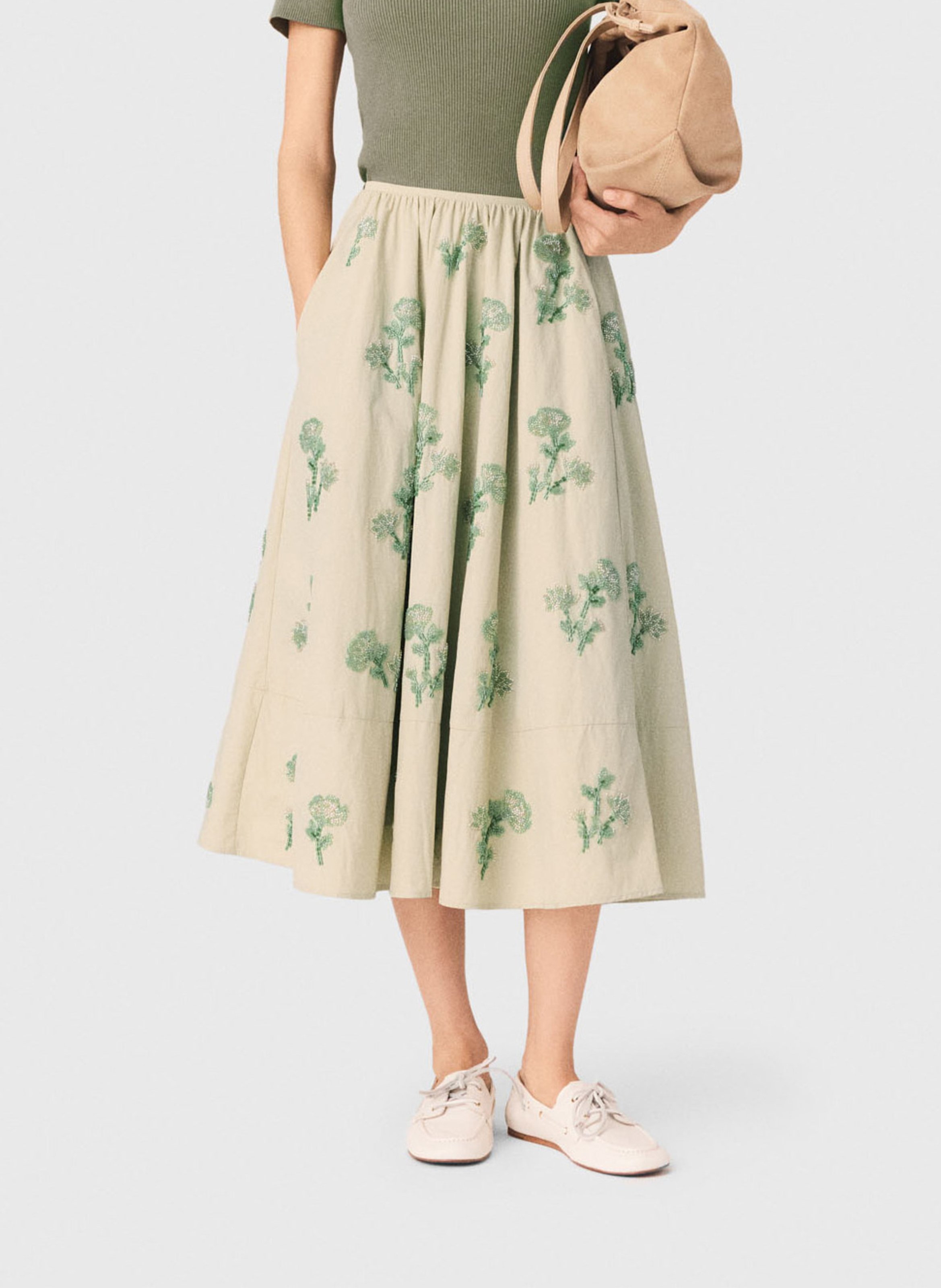 Jupe midi évasée brodée MAJE Beige